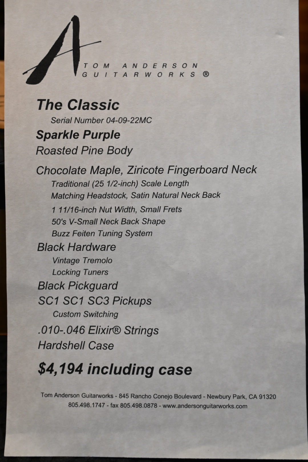 Tom Anderson Classic 2022 - Sparkle Purple Guitar #22MC - Danville Music