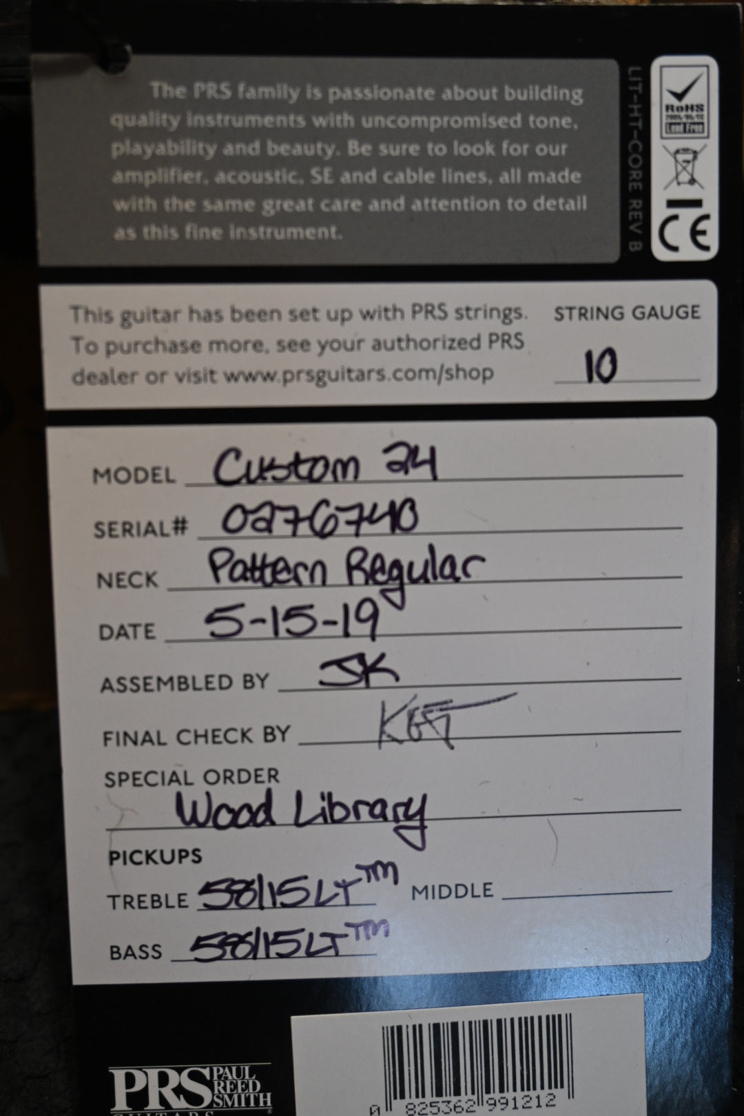 PRS Wood Library Custom 24 10-Top 2019 - Charcoal Cherry Burst Guitar #6740 - Danville Music
