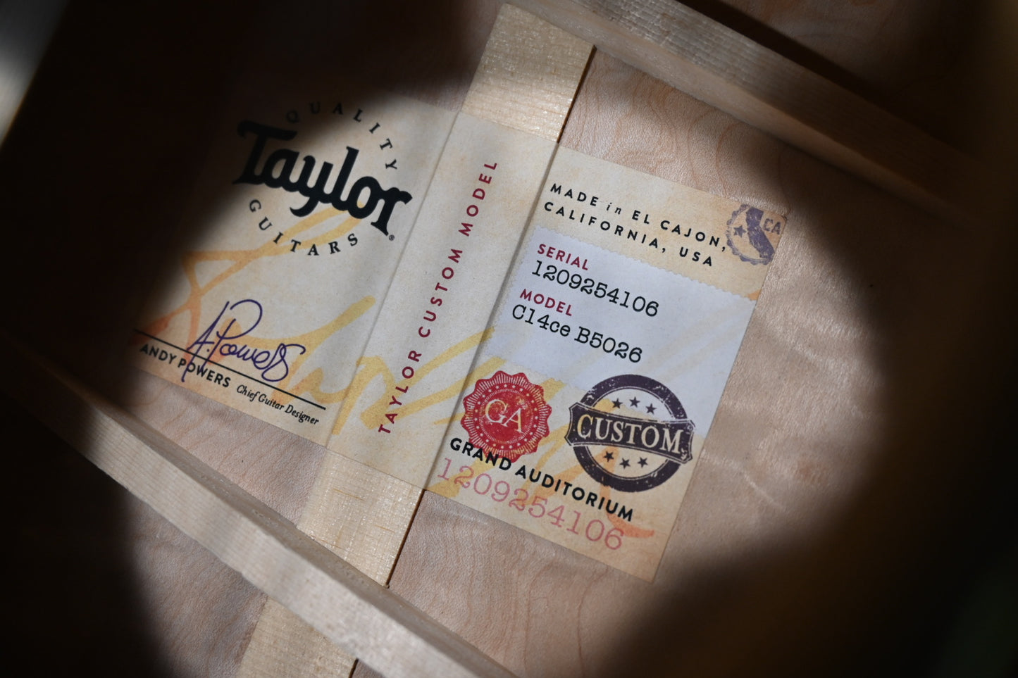 Taylor Custom GA Grand Auditorium Bearclaw Spruce/Big Leaf Quilt Maple Catch #26 - Silver Cranberry Supernova Guitar #4106 - Danville Music