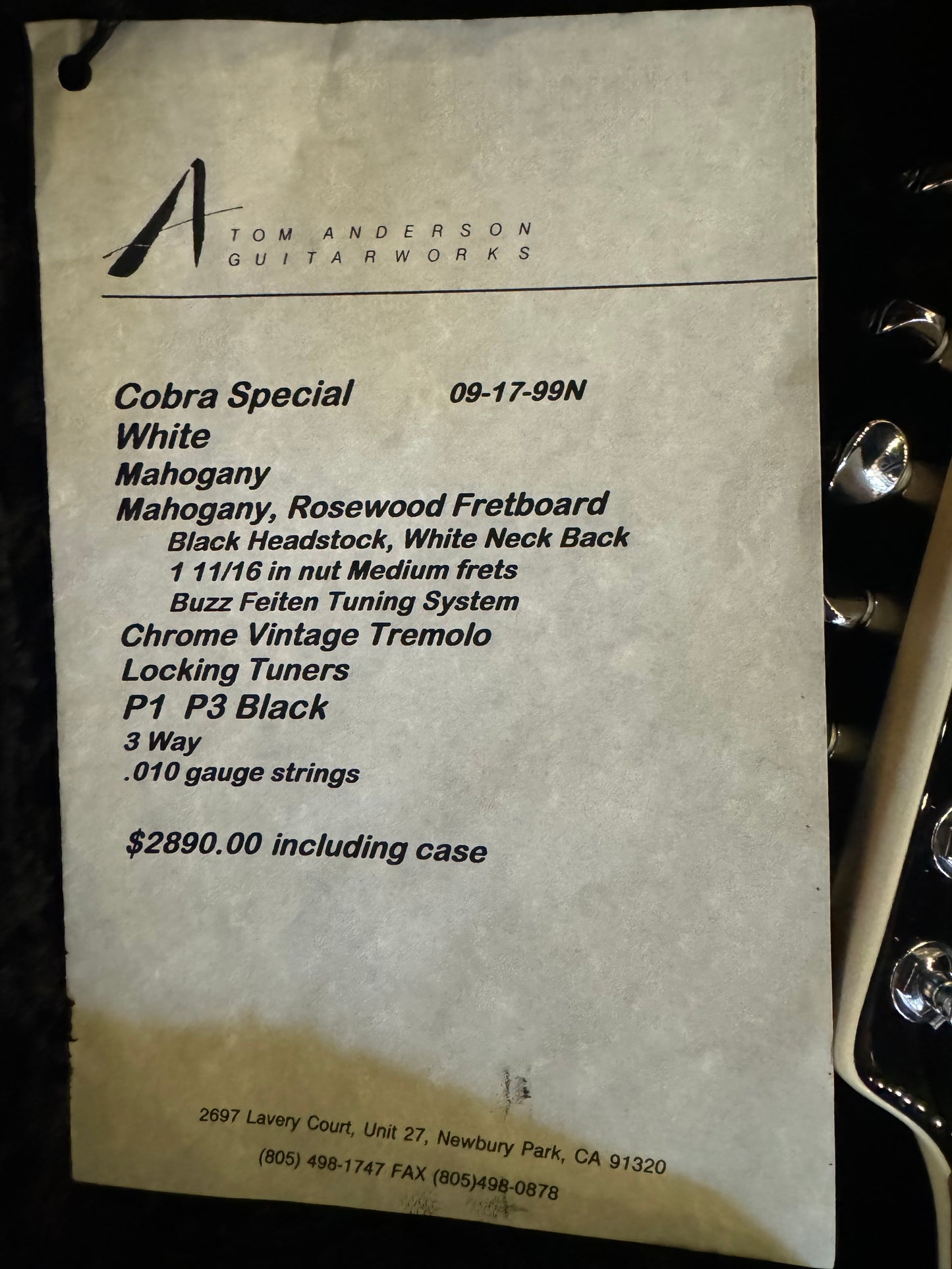 Tom Anderson Cobra Special 1999 - White Guitar #799N - Danville Music
