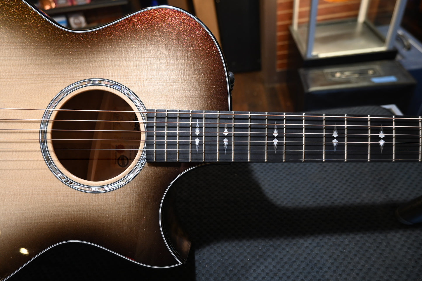 Taylor Custom GA Grand Auditorium Bearclaw Spruce/Big Leaf Quilt Maple Catch #26 - Silver Cranberry Supernova Guitar #4106 - Danville Music