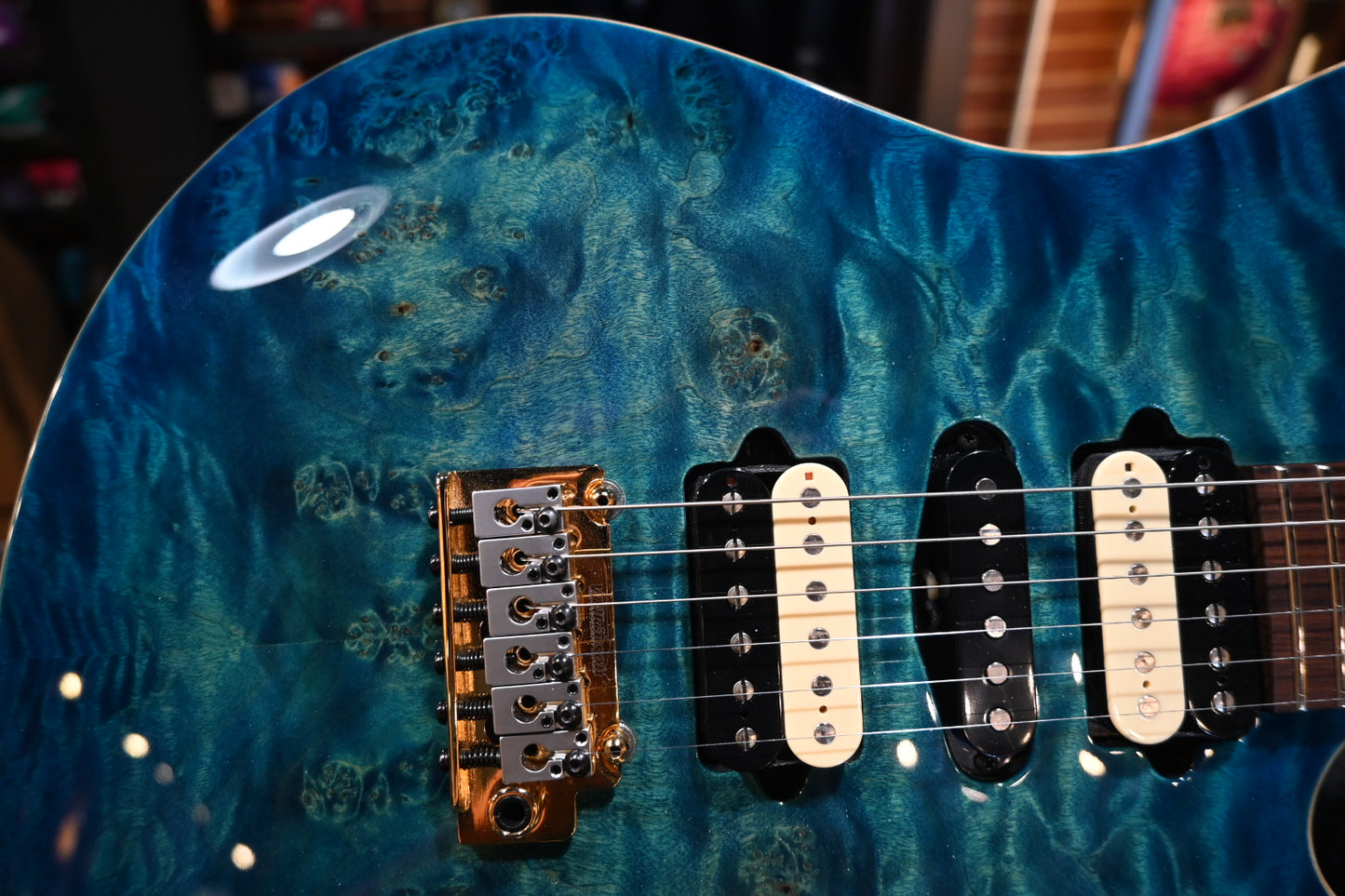 Suhr Custom Modern Waterfall Burl - Aqua Blue Burst Guitar #9717 PRE-OWNED - Danville Music