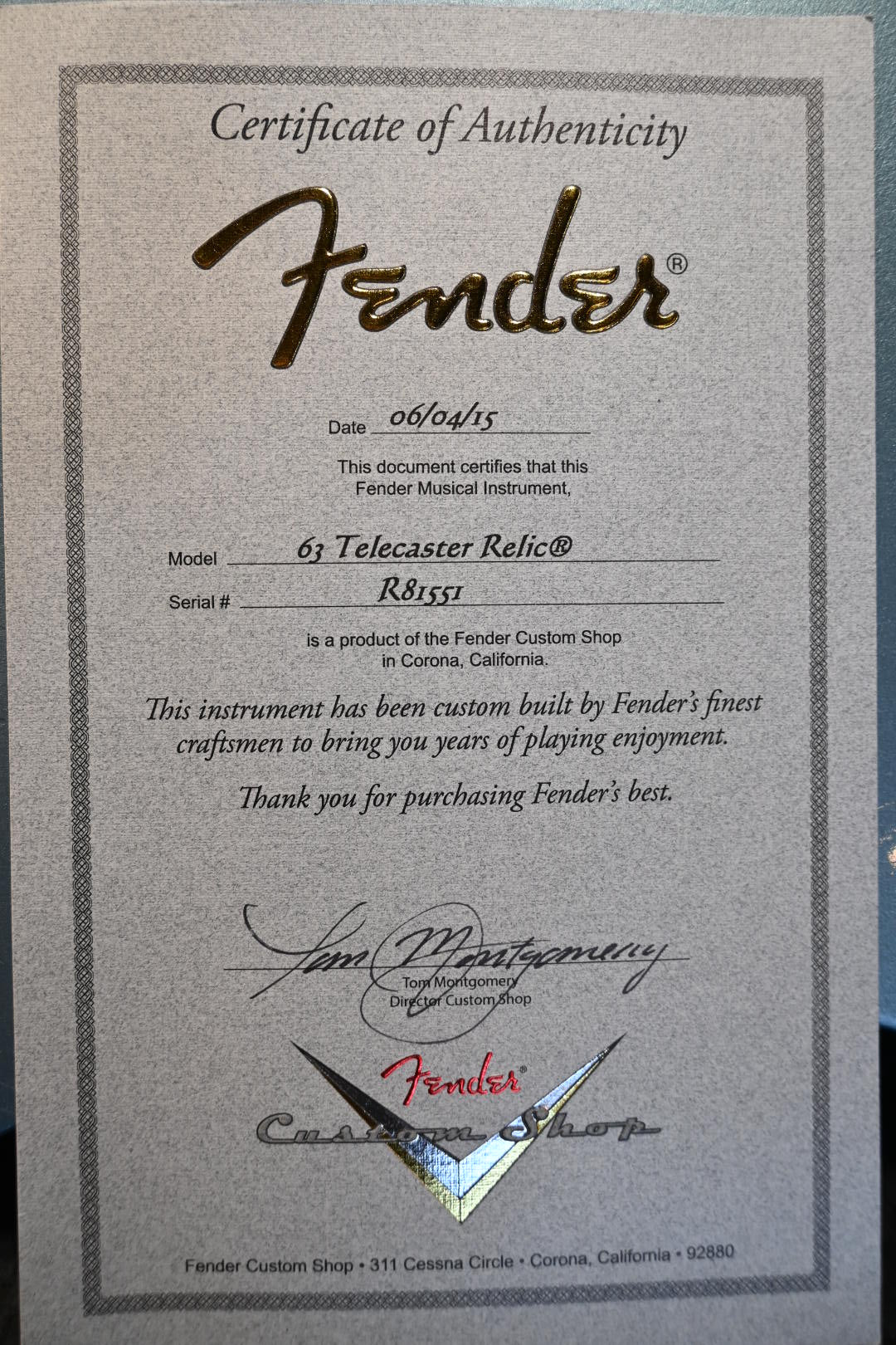 Fender Custom Shop 1963 Telecaster Relic 2015 - Ice Blue Metallic Guitar #1551 - Danville Music