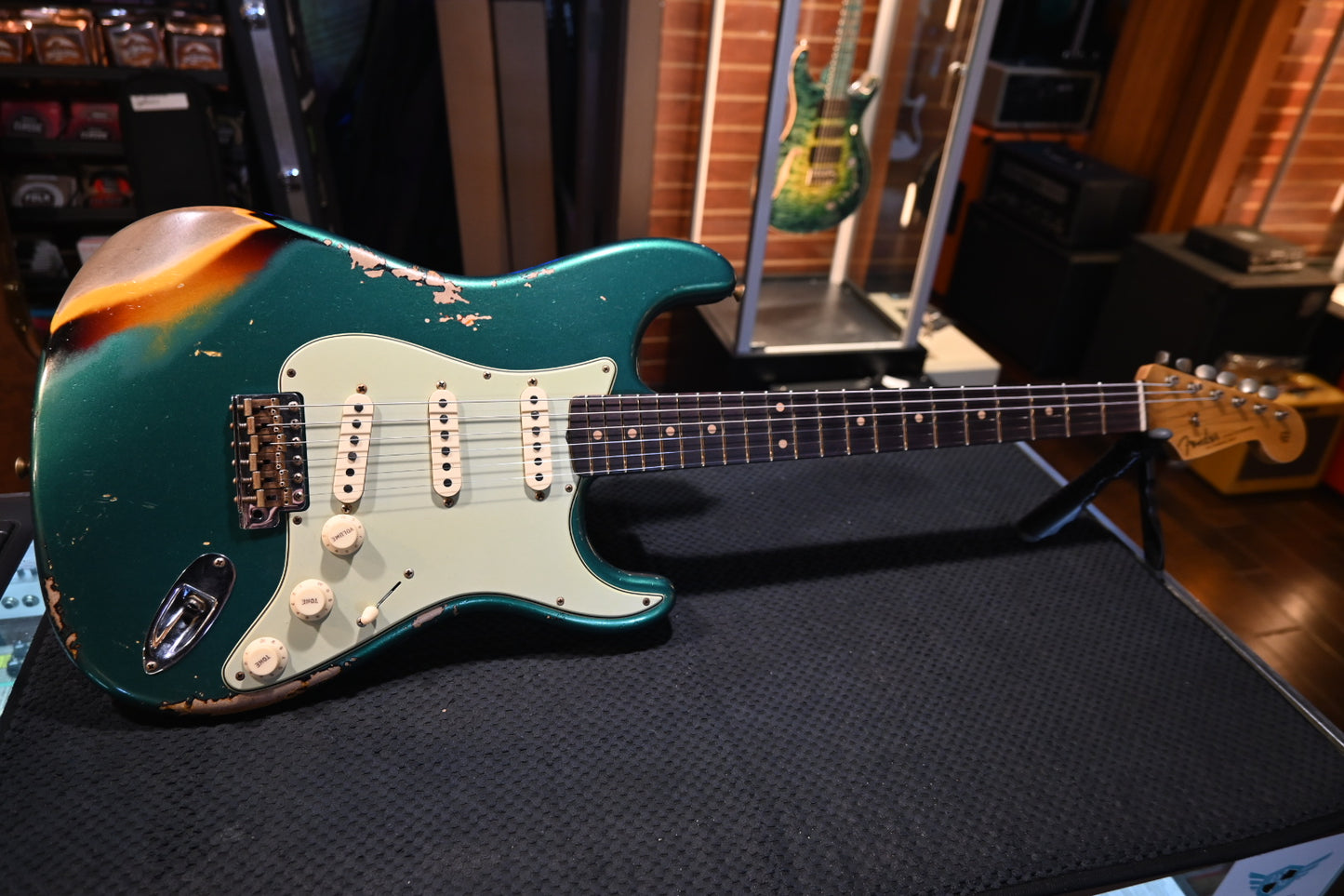 Fender Custom Shop Vintage Custom 1969 Stratocaster Heavy Relic - British Racing Green over 3-Color Sunburst Guitar #4818 - Danville Music
