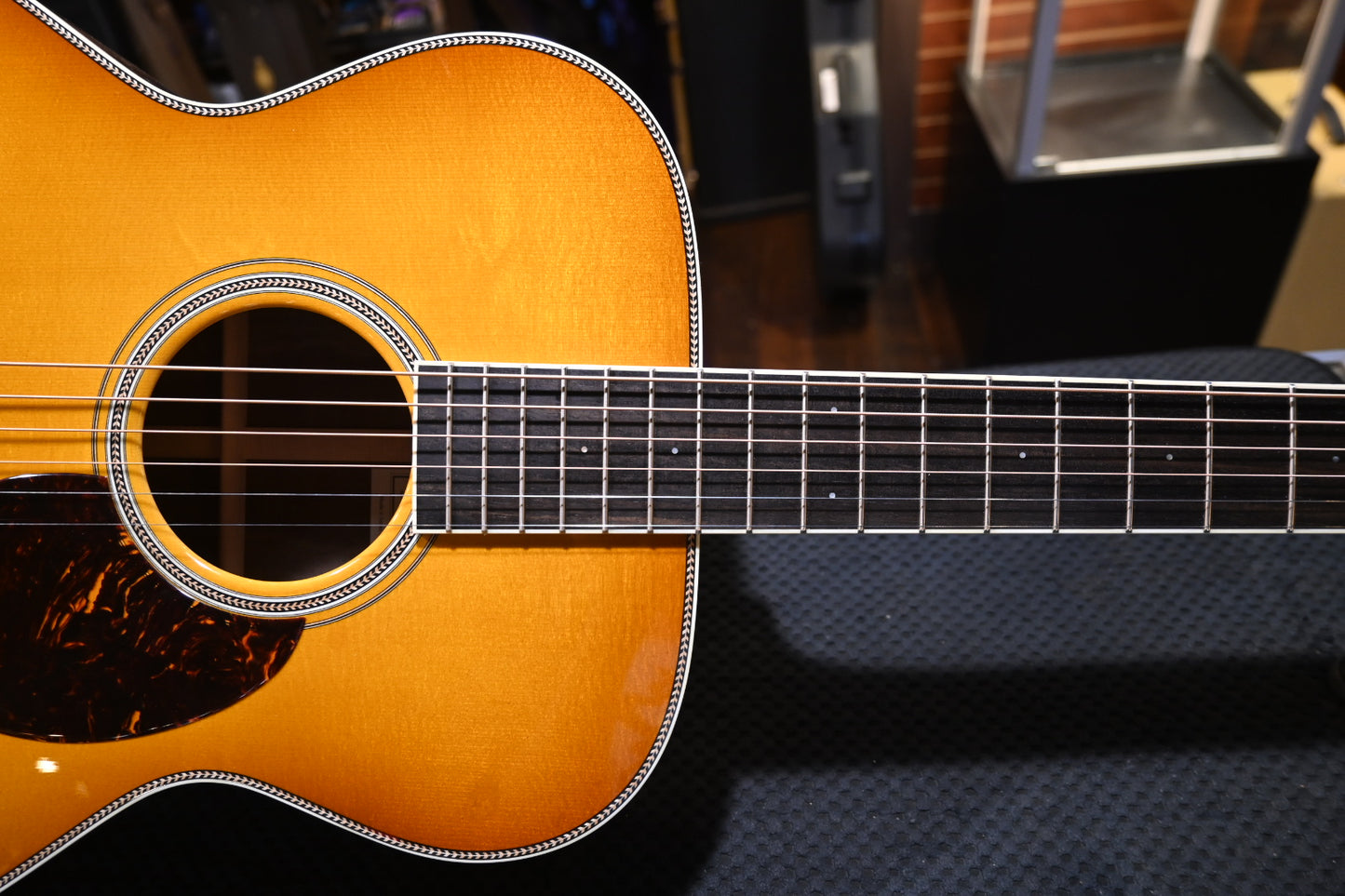Santa Cruz OM Moon Spruce Bear Claw/Figured Walnut - Georgia Peach Guitar #6242 - Danville Music