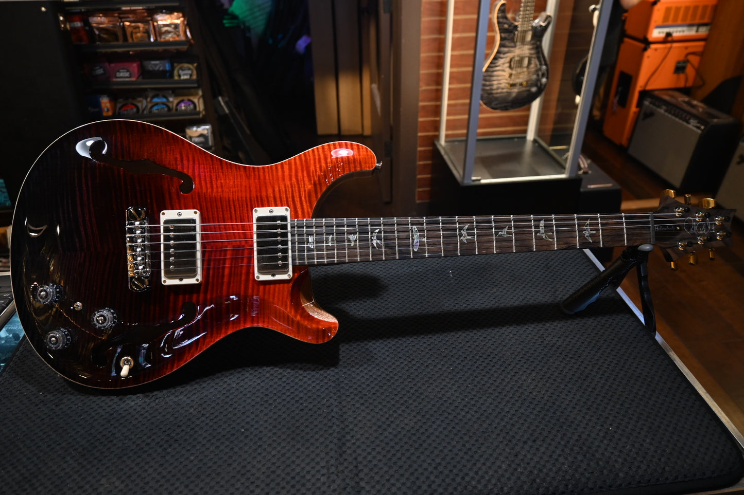 PRS Wood Library Hollowbody II Piezo 10-Top Rosewood Neck - Fire Red to Grey Black Fade Guitar #4365 - Danville Music