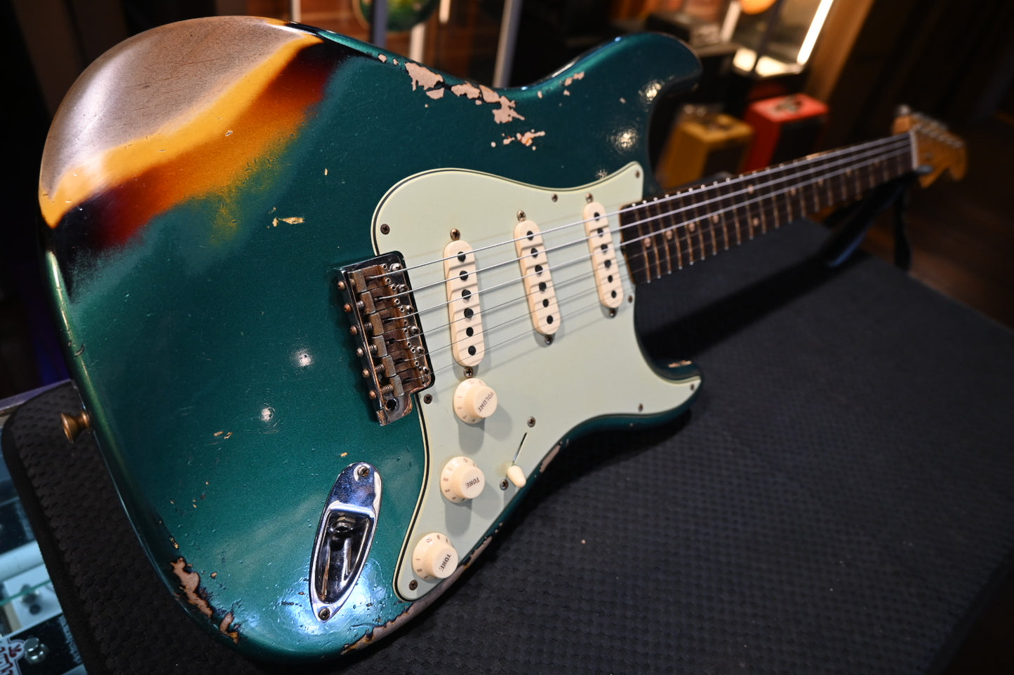 Fender Custom Shop Vintage Custom 1969 Stratocaster Heavy Relic - British Racing Green over 3-Color Sunburst Guitar #4818 - Danville Music