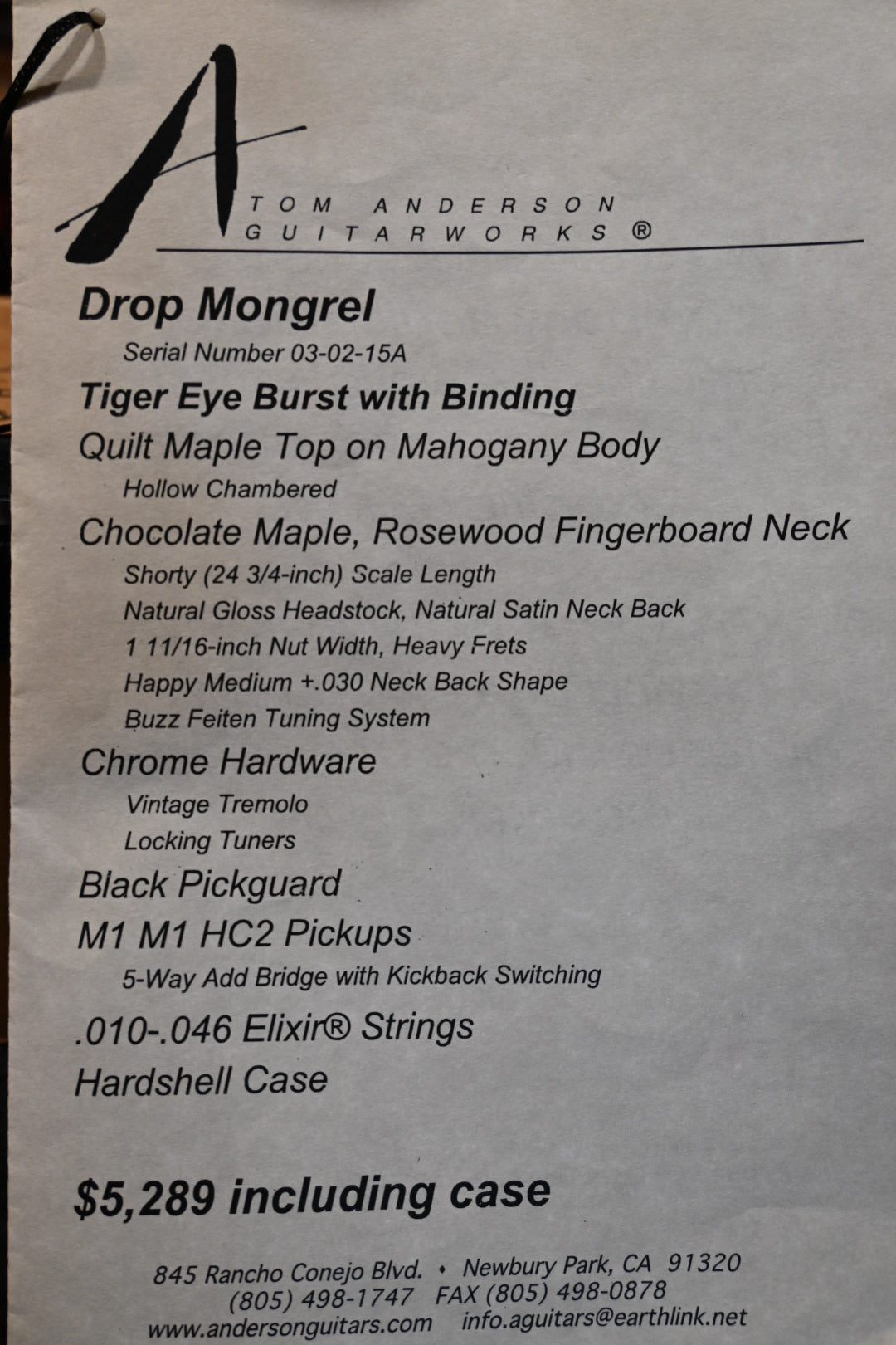 Tom Anderson Drop Mongrel Shorty Hollow 2015 - Tiger Eye Burst Guitar #215A - Danville Music