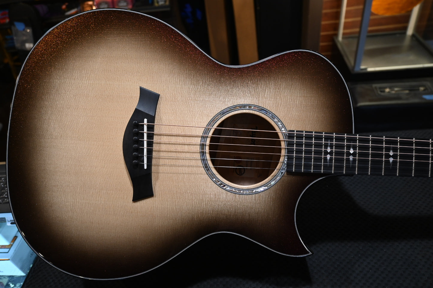 Taylor Custom GA Grand Auditorium Bearclaw Spruce/Big Leaf Quilt Maple Catch #26 - Silver Cranberry Supernova Guitar #4106 - Danville Music