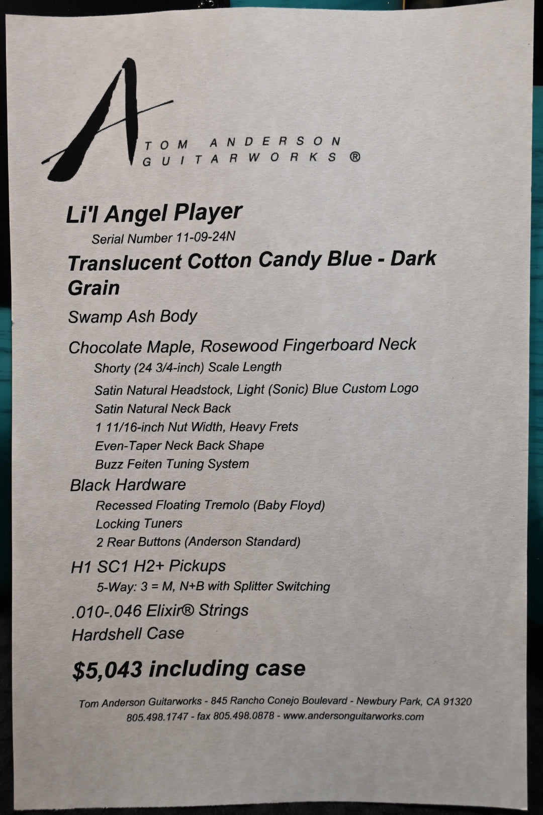 Tom Anderson Li’l Angel Player Shorty - Translucent Cotton Candy Blue Dark Grain Guitar #924N