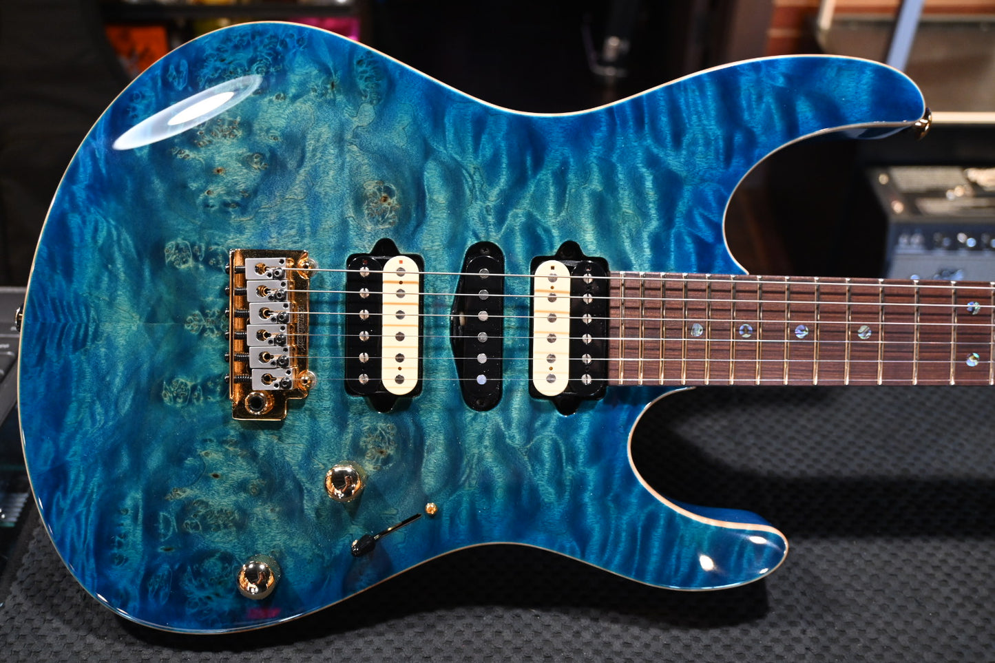 Suhr Custom Modern Waterfall Burl - Aqua Blue Burst Guitar #9717 PRE-OWNED - Danville Music