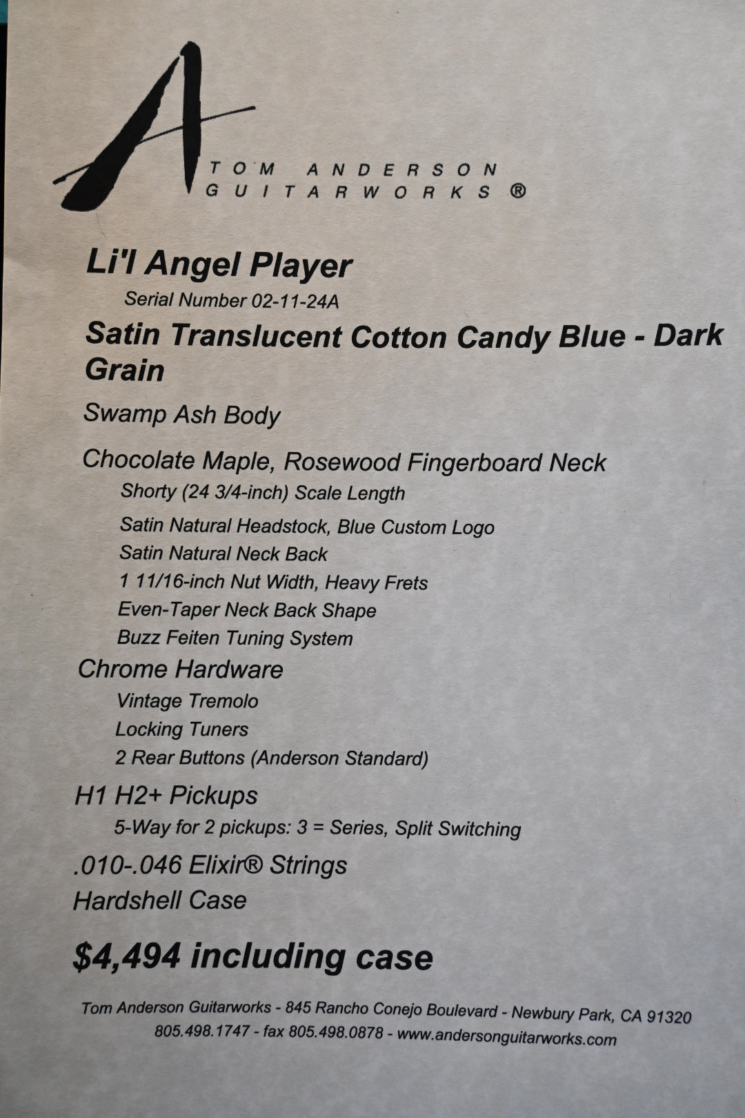 Tom Anderson Li’l Angel Player - Satin Translucent Cotton Candy Blue Dark Grain Guitar #124A - Danville Music