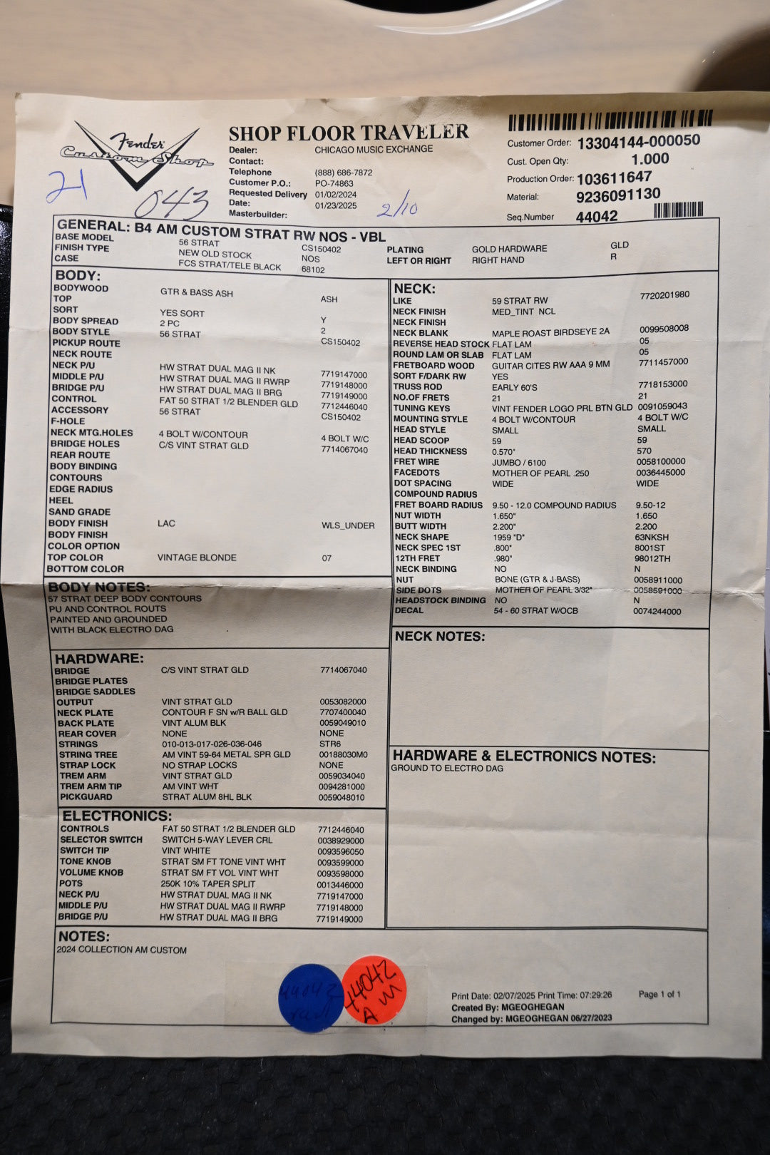 Fender Custom Shop B4 AM Custom Stratocaster RW NOS 2025 - Vintage Blonde Guitar #8103