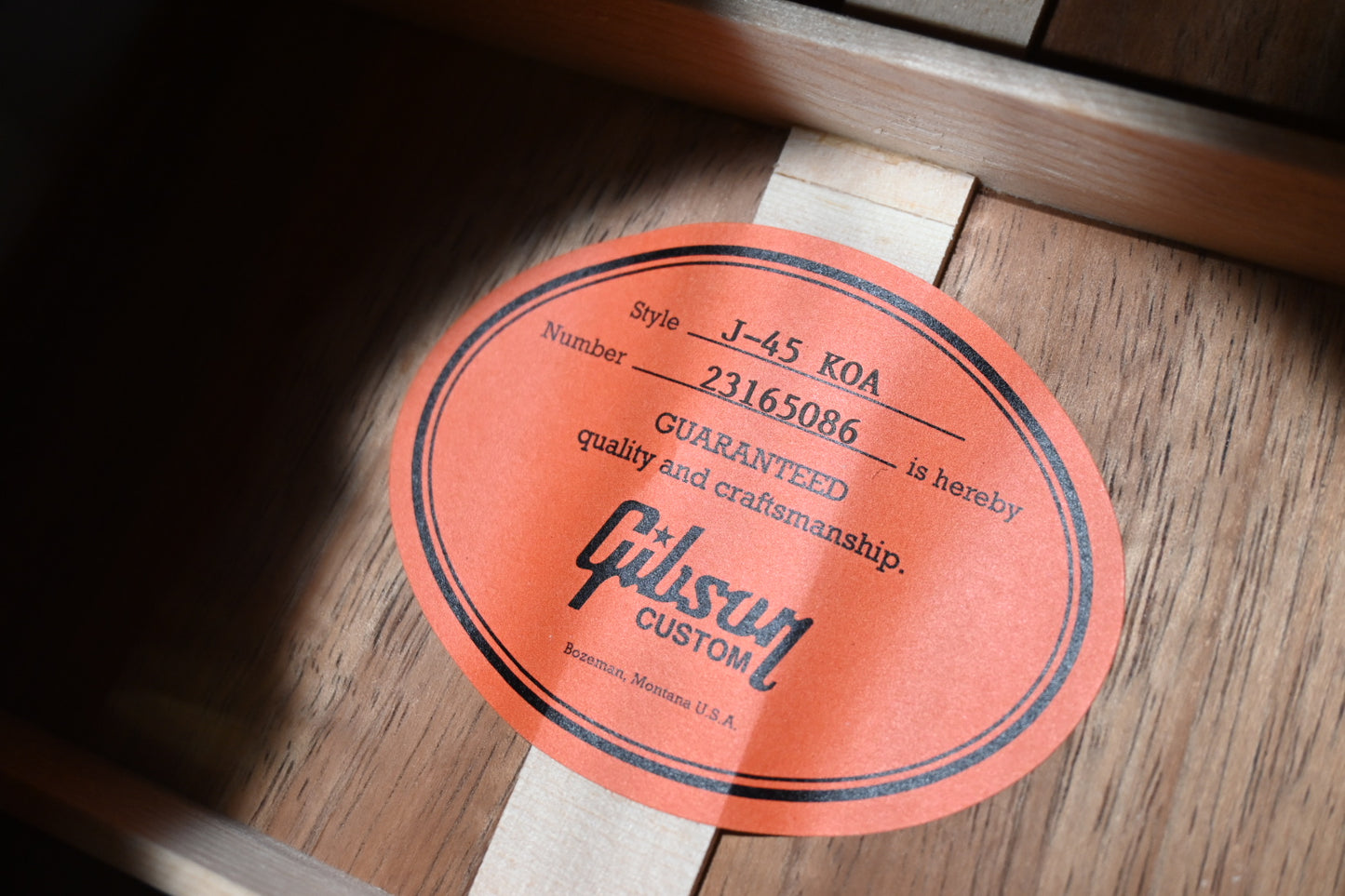 Gibson Custom Shop J-45 Koa Carpathian Spruce - Honeyburst Guitar #5086