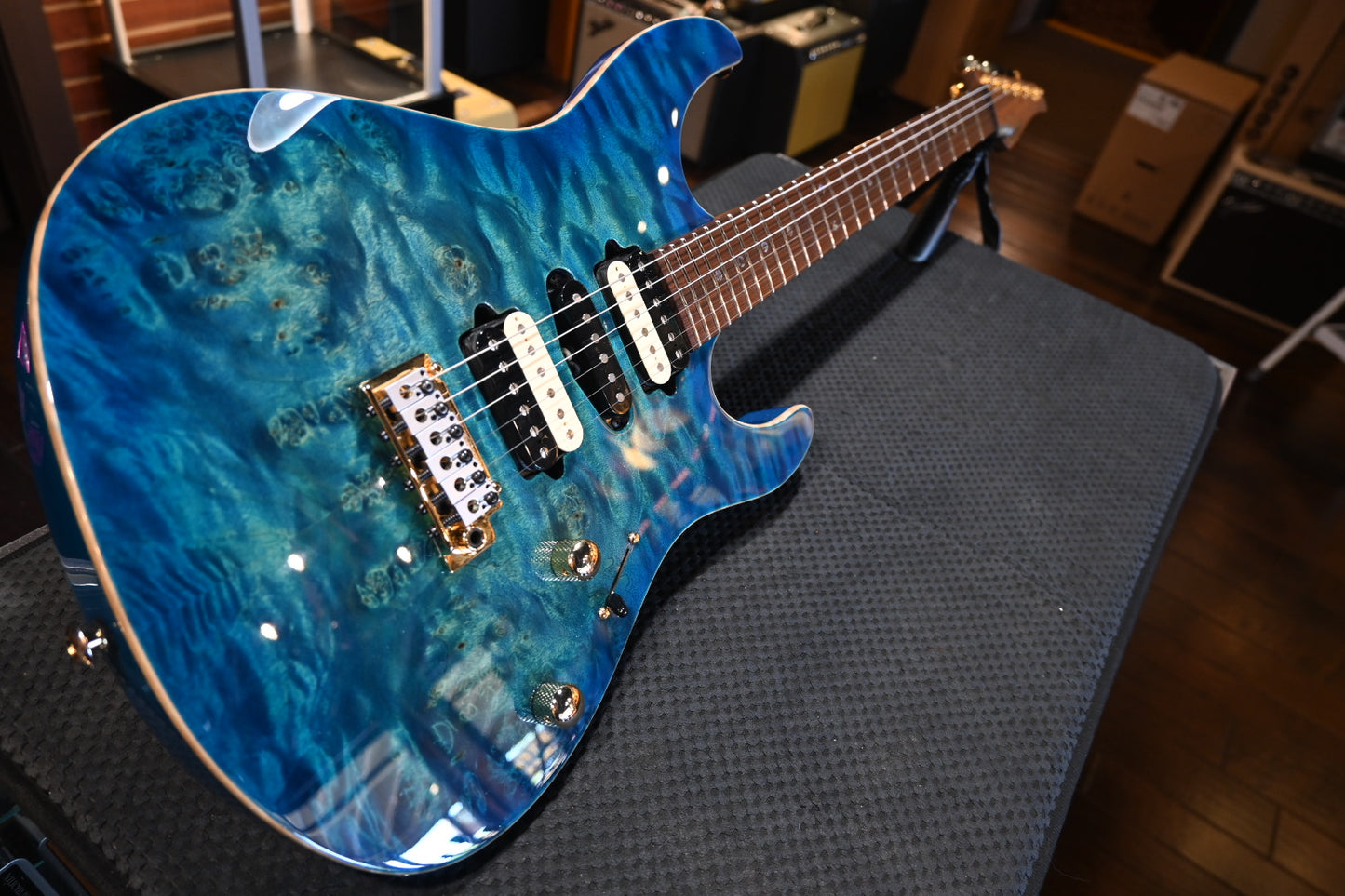 Suhr Custom Modern Waterfall Burl - Aqua Blue Burst Guitar #9717 PRE-OWNED - Danville Music