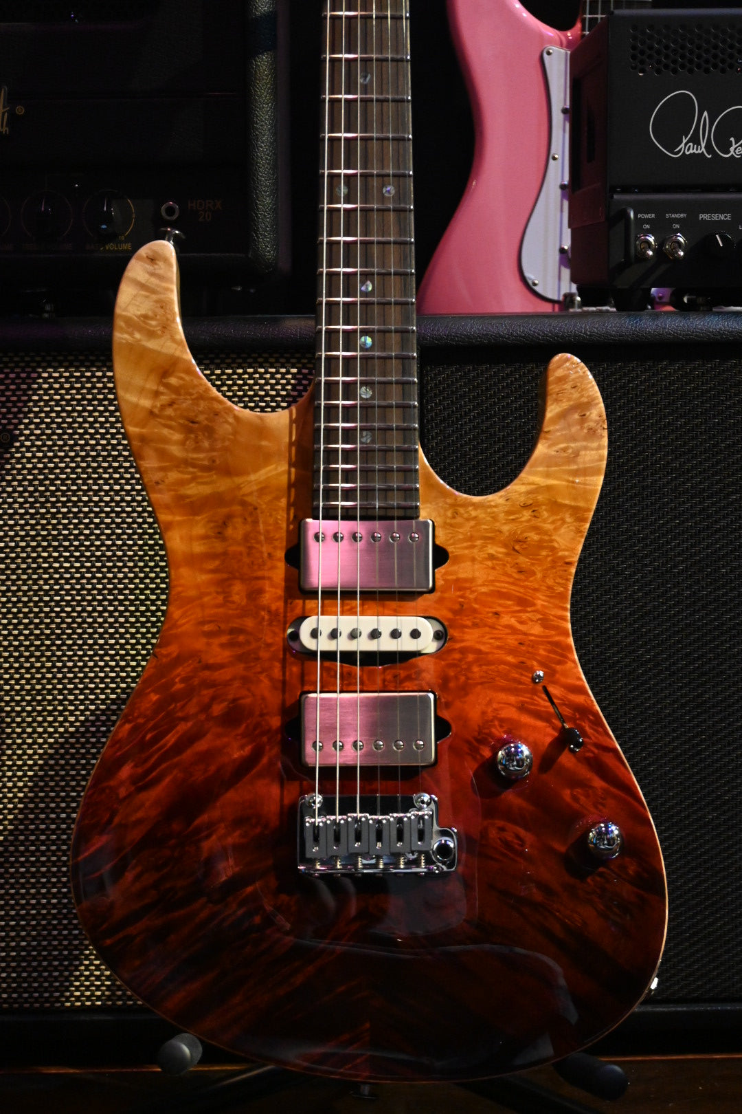 Suhr Custom Modern Carved Top Set Neck Waterfall Burl - Desert Gradient Guitar #2640 - Danville Music