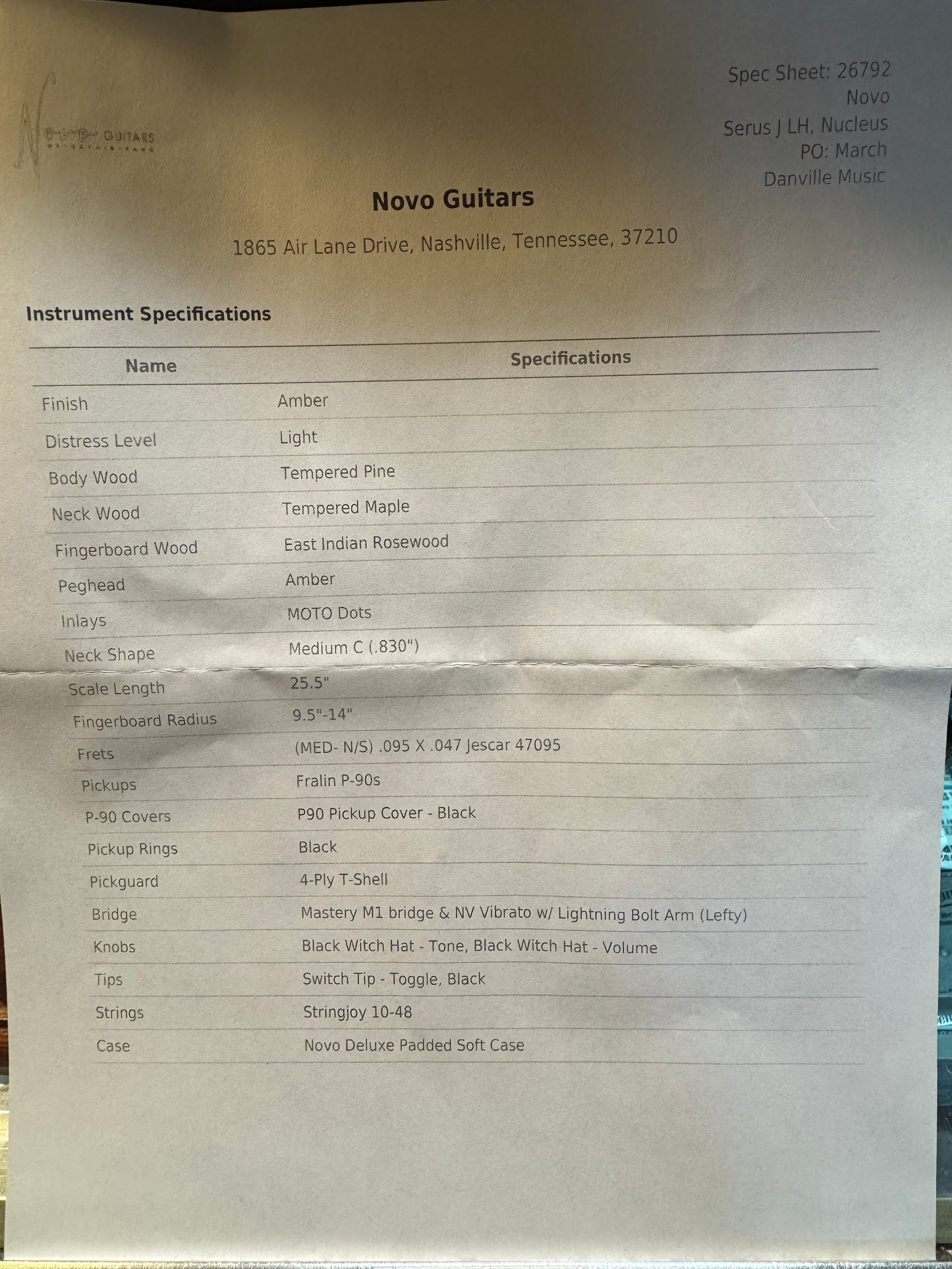 Novo Serus J Left-Handed - Amber Guitar #6792