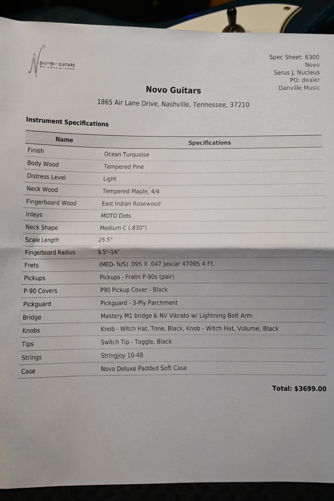 Novo Nucleus Serus J - Ocean Turquoise Guitar #4587 - Danville Music