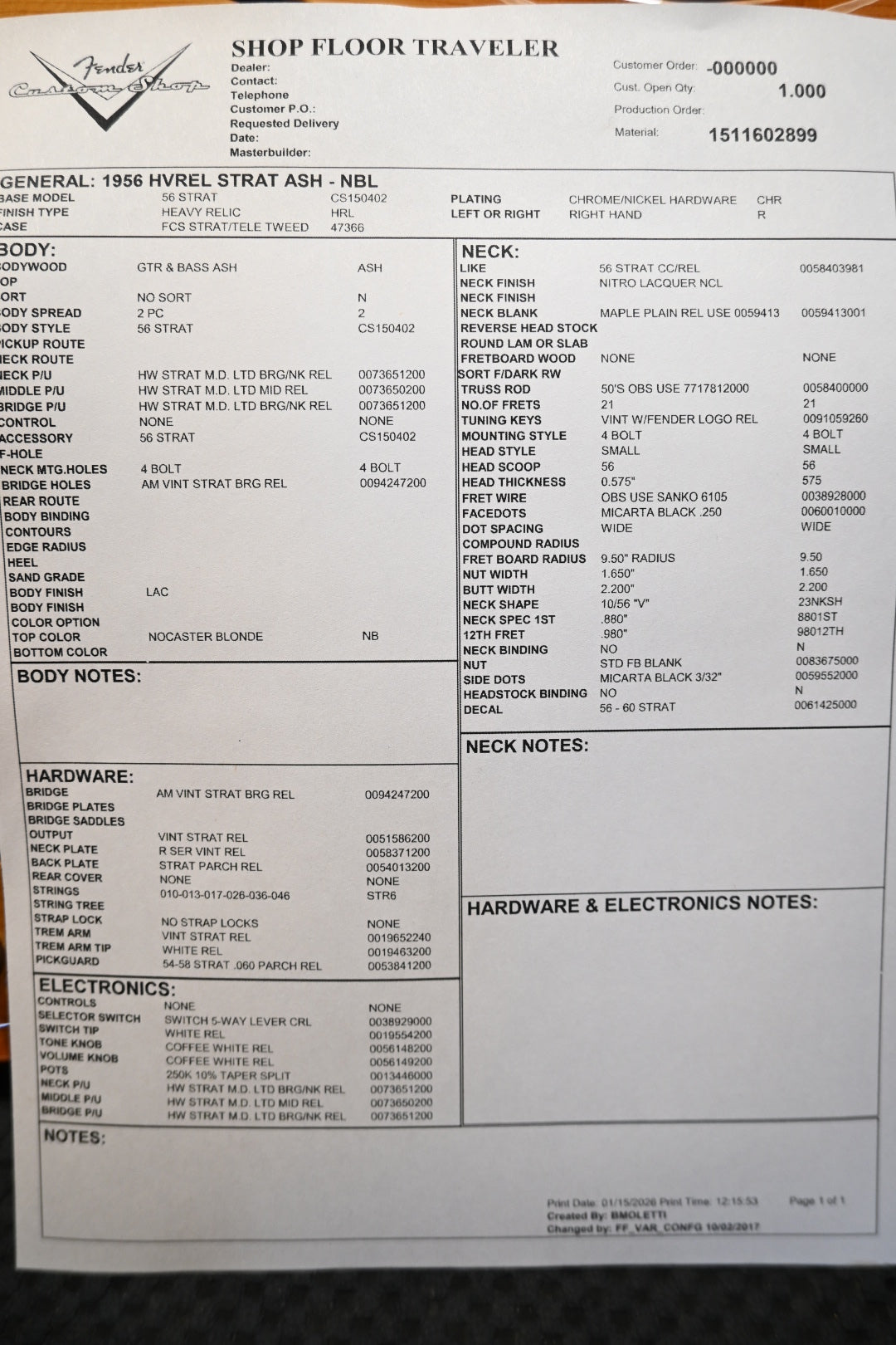 Fender Custom Shop 1956 Stratocaster Relic Heavy Relic 2015 - Nocaster Blonde Guitar #2458