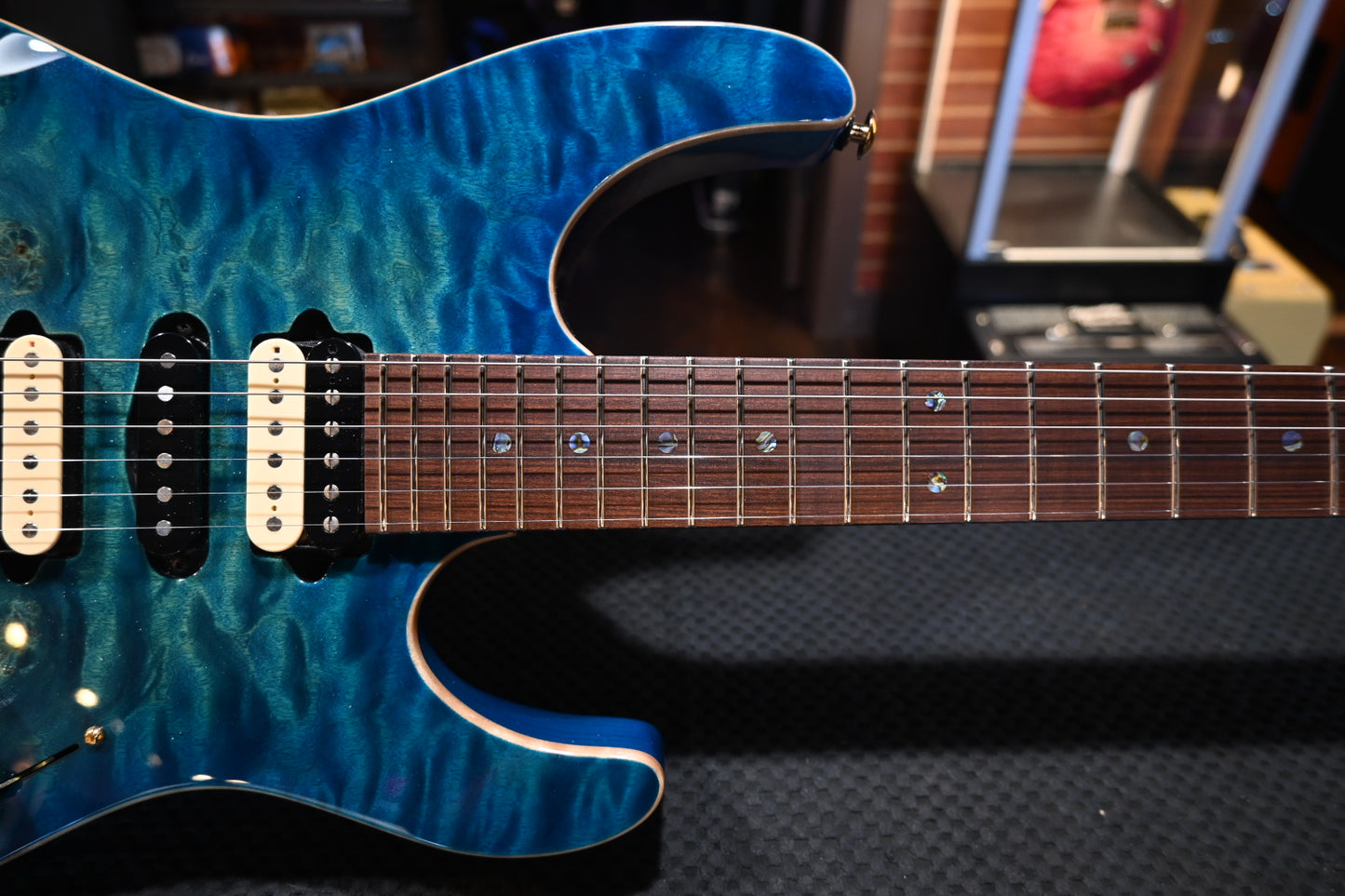 Suhr Custom Modern Waterfall Burl - Aqua Blue Burst Guitar #9717 PRE-OWNED - Danville Music