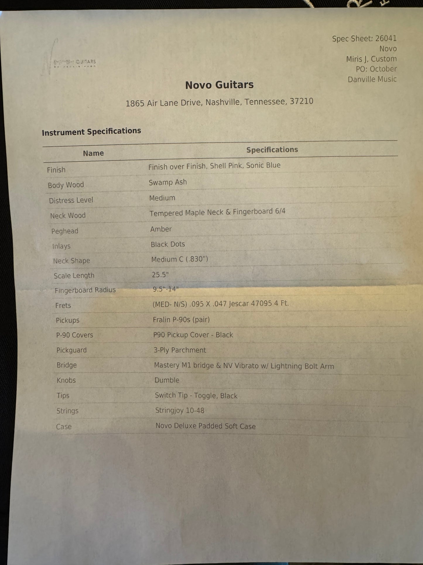 Novo Custom Miris J - Shell Pink over Sonic Blue Guitar #6041 - Danville Music