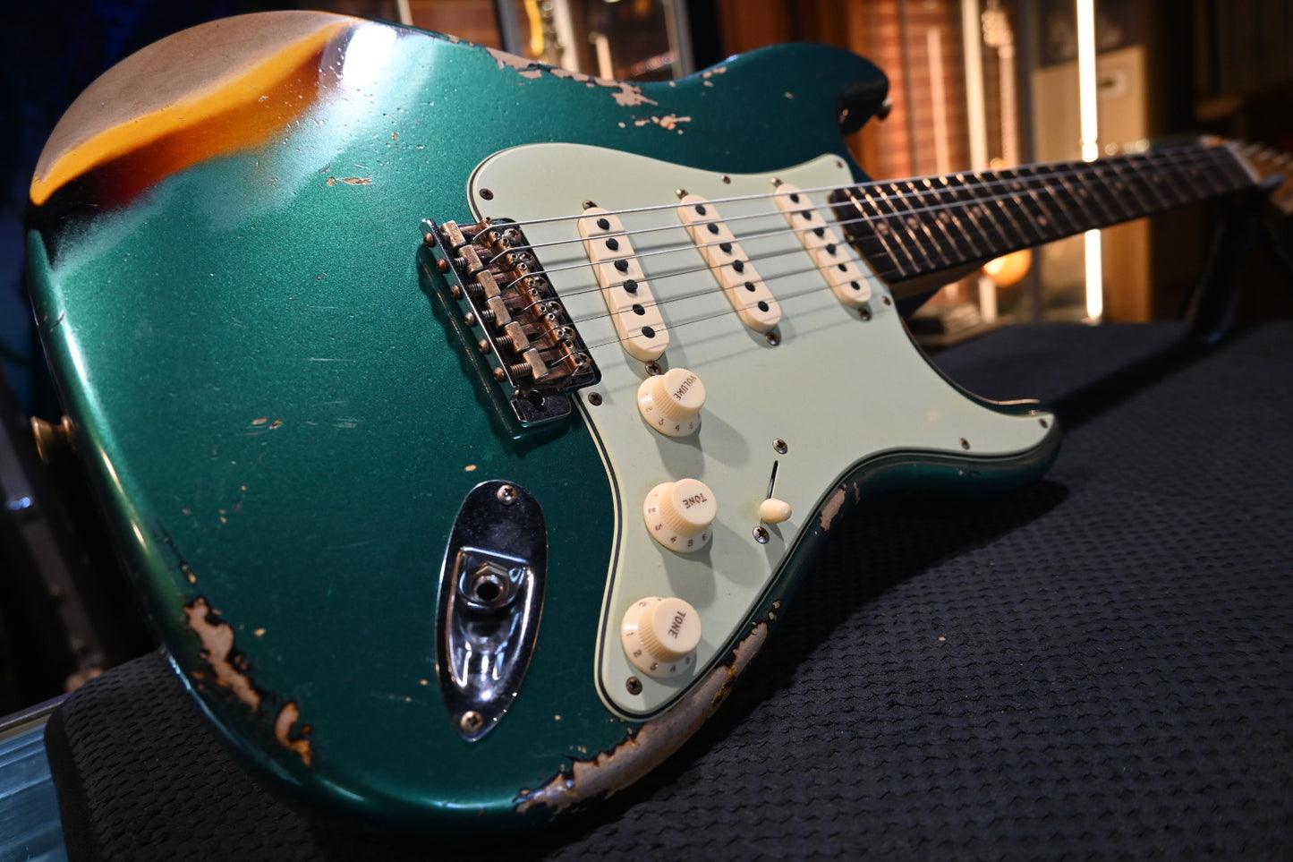 Fender Custom Shop Vintage Custom 1969 Stratocaster Heavy Relic - British Racing Green over 3-Color Sunburst Guitar #4818 - Danville Music