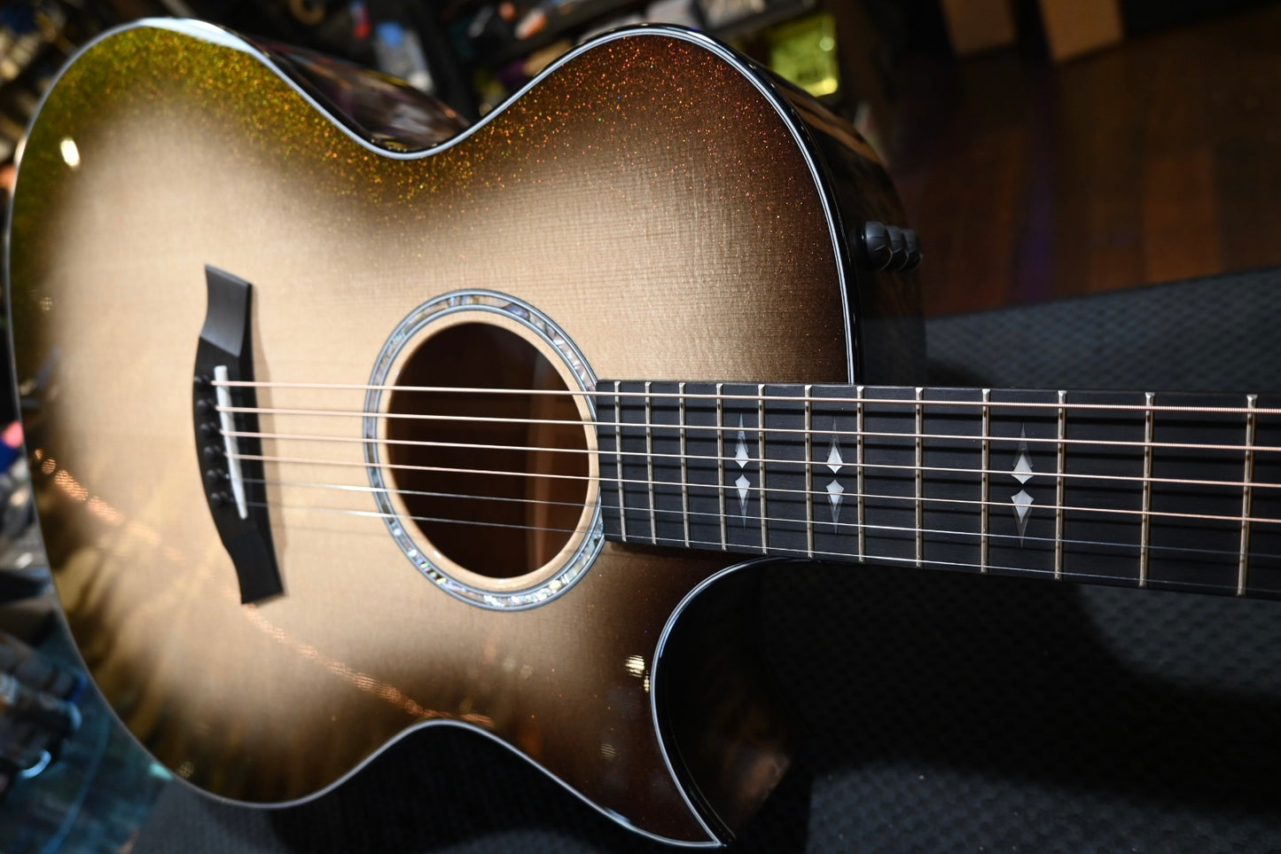 Taylor Custom GA Grand Auditorium Bearclaw Spruce/Big Leaf Quilt Maple Catch #26 - Silver Cranberry Supernova Guitar #4106 - Danville Music