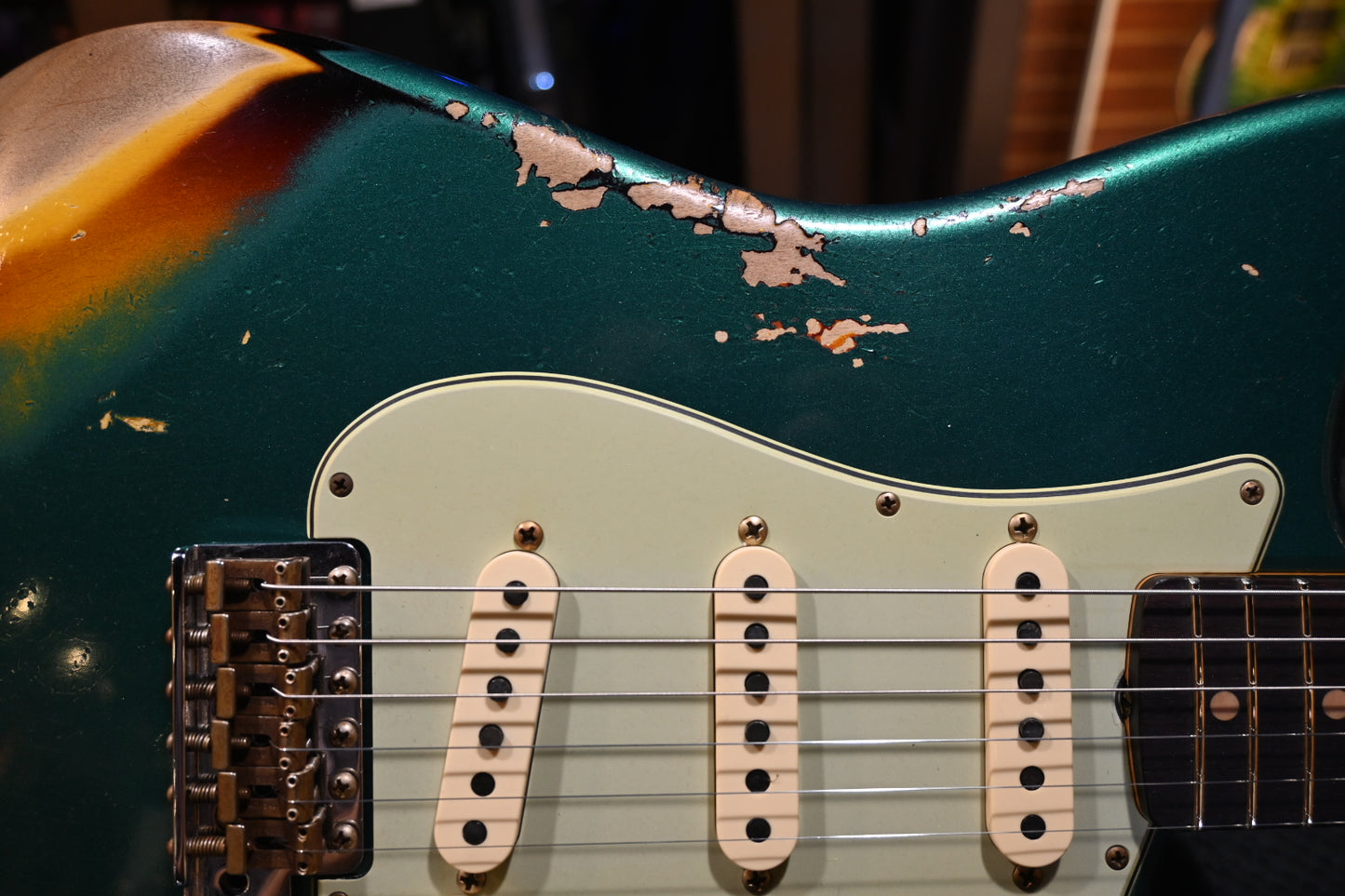 Fender Custom Shop Vintage Custom 1969 Stratocaster Heavy Relic - British Racing Green over 3-Color Sunburst Guitar #4818 - Danville Music