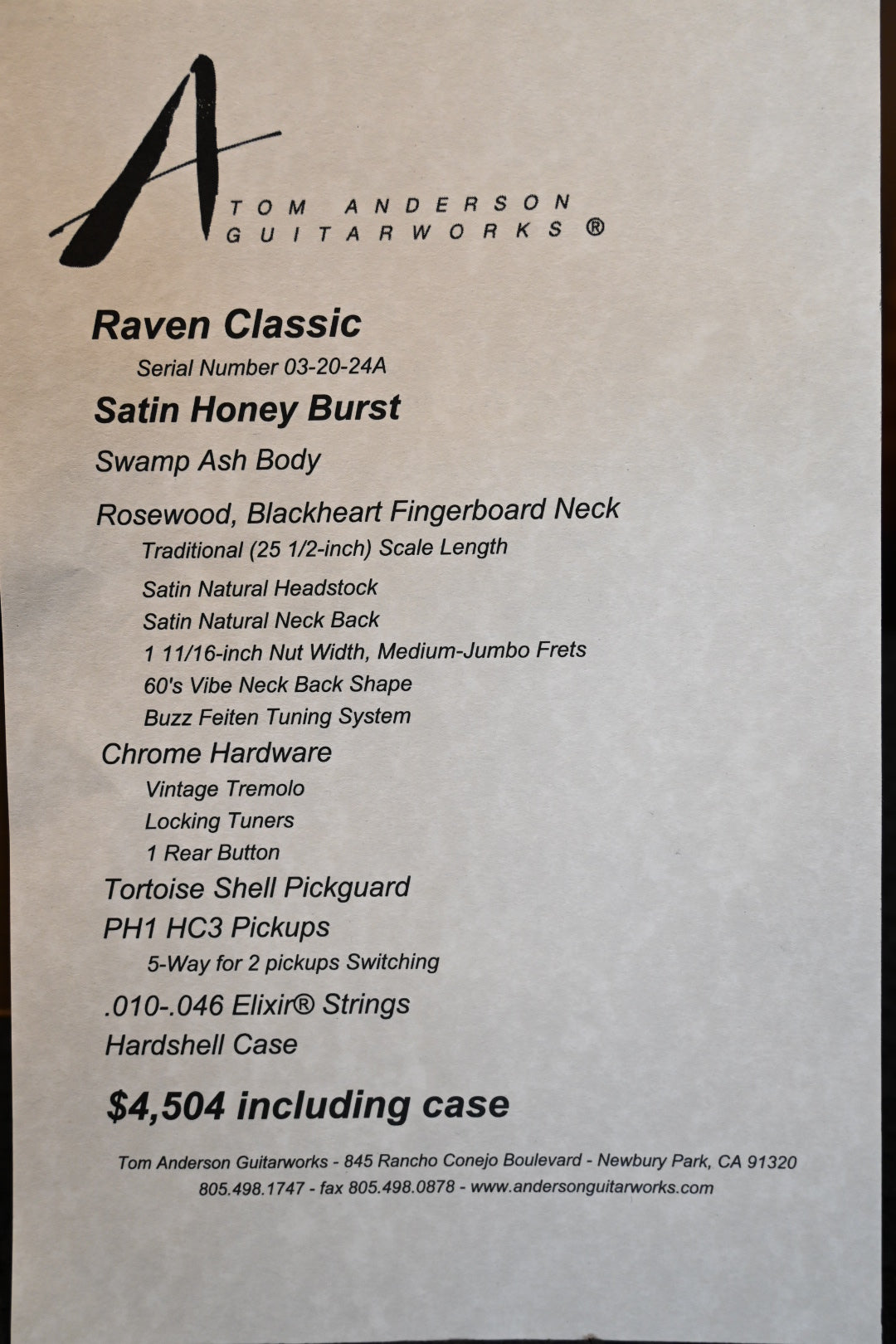 Tom Anderson Raven Classic - Satin Honey Burst Guitar #024A - Danville Music