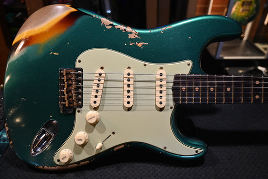 Fender Custom Shop Vintage Custom 1969 Stratocaster Heavy Relic - British Racing Green over 3-Color Sunburst Guitar #4818 - Danville Music