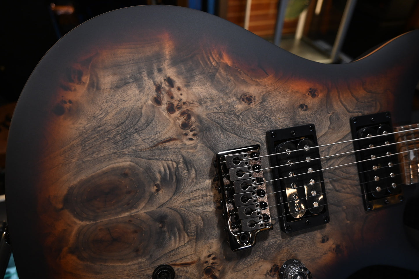 PRS SE “Exotic” Custom 24-08 Poplar Burl Limited Edition - Charcoal Cherry Midnight Burst Guitar #7015 - Danville Music