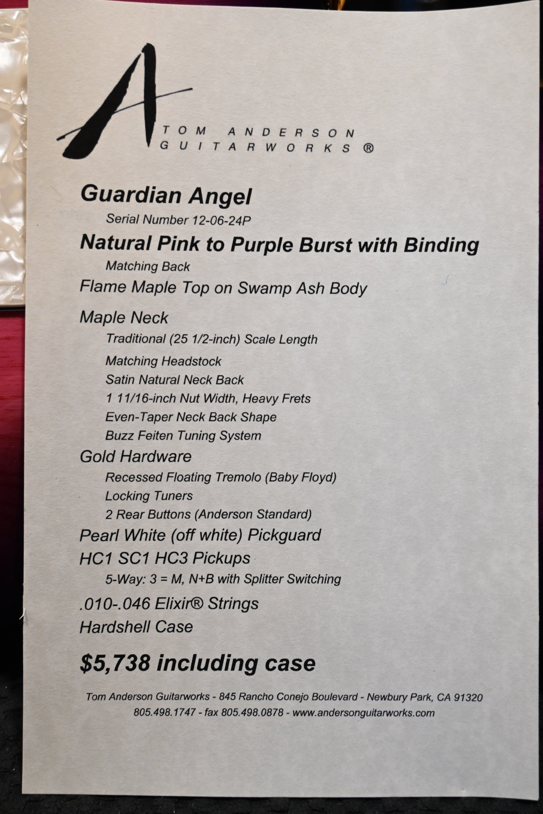 Tom Anderson Guardian Angel - Natural Pink to Purple Burst Guitar #624P