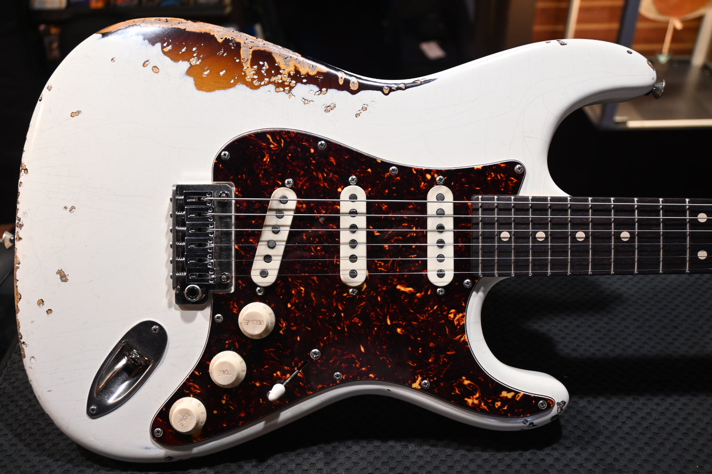 Tom Anderson Icon Classic In-Distress - Olympic White over Tobacco Burst Guitar #923N - Danville Music