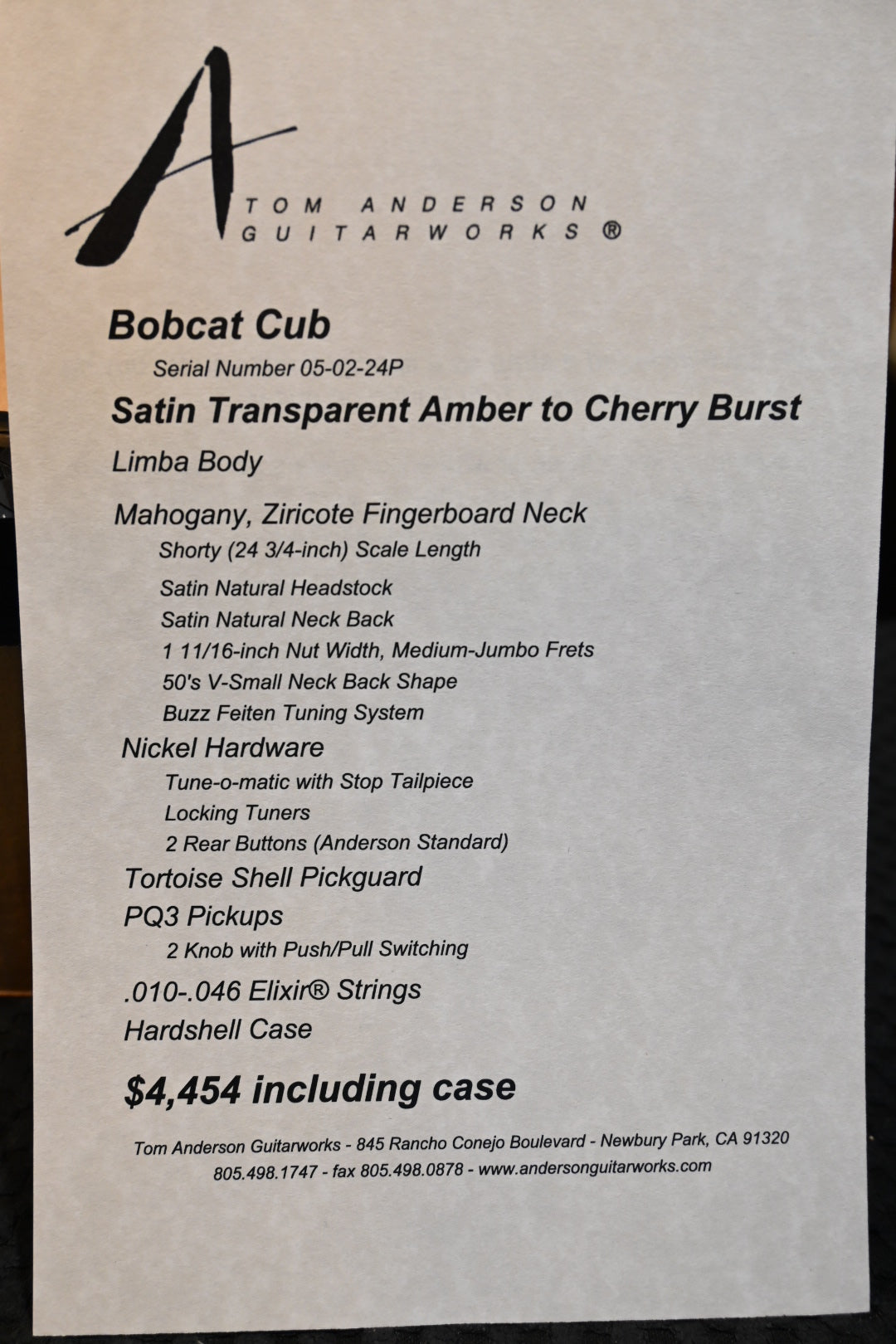 Tom Anderson Bobcat Cub - Transparent Amber to Cherry Burst Satin Guitar #224P - Danville Music