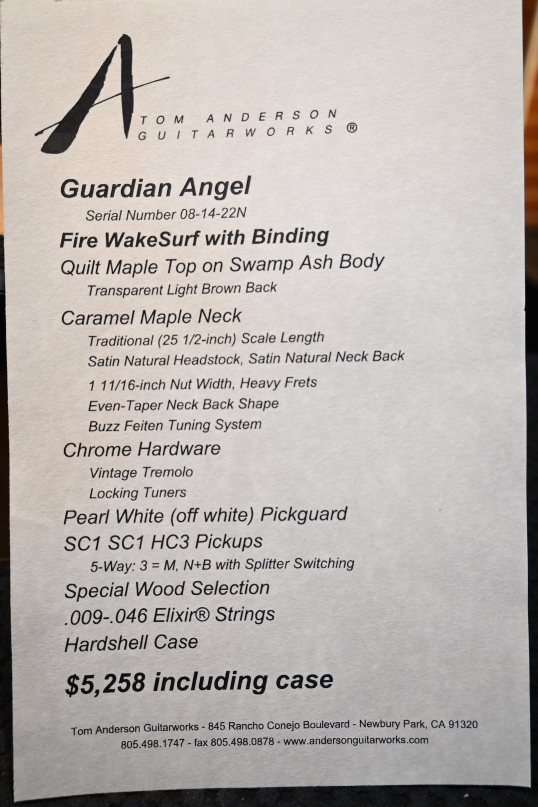 Tom Anderson Guardian Angel 2022 - Fire WakeSurf Guitar #422N - Danville Music