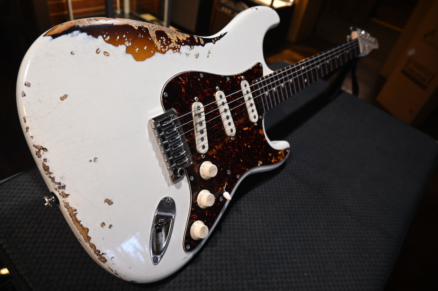 Tom Anderson Icon Classic In-Distress - Olympic White over Tobacco Burst Guitar #923N - Danville Music