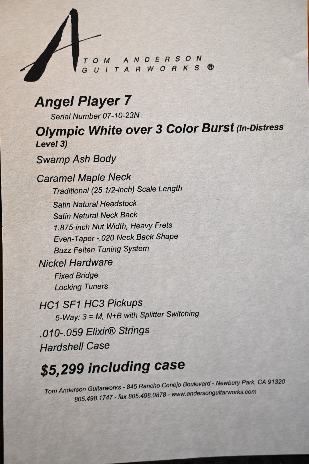 Tom Anderson Angel Player 7 - Olympic White over 3 Color Burst In-Distress Guitar #023N - Danville Music