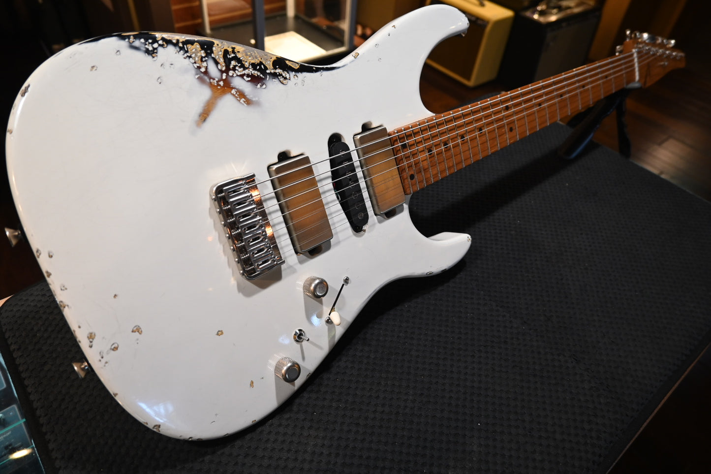 Tom Anderson Angel Player 7 - Olympic White over 3 Color Burst In-Distress Guitar #023N - Danville Music