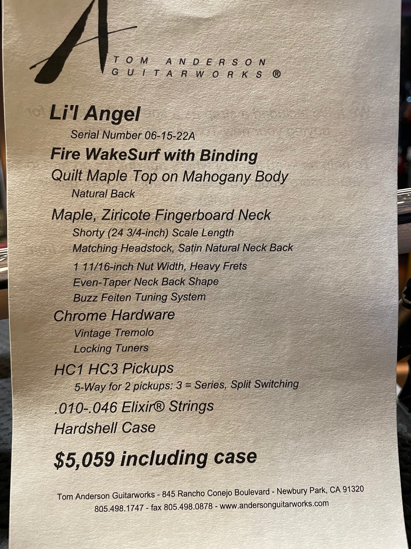 Tom Anderson Li’l Angel - Fire WakeSurf Guitar #522A - Danville Music