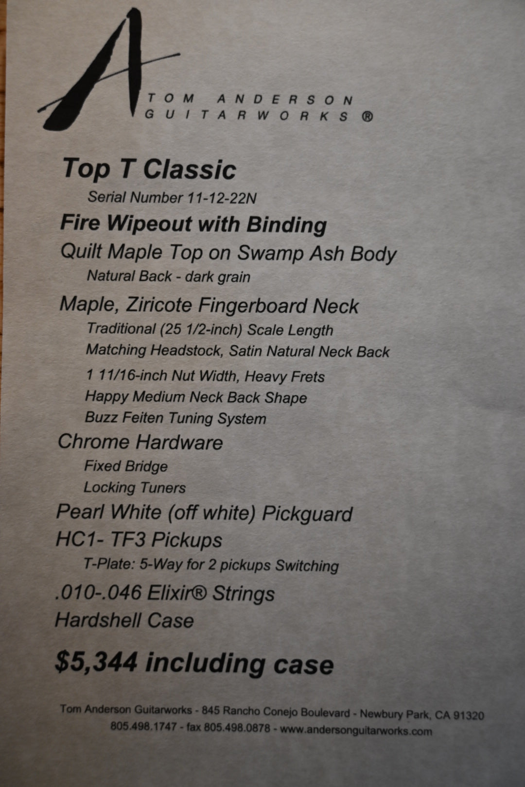 Tom Anderson Top T Classic - Fire Wipeout Guitar #222N - Danville Music