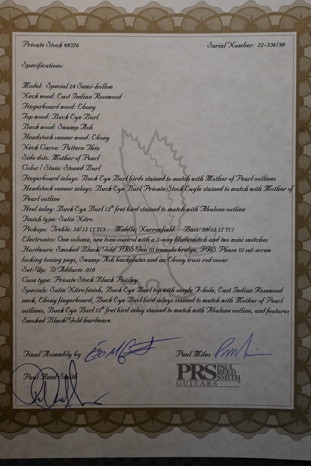 PRS Private Stock Special 24 Semi-Hollow - Satin Stoned Burl Guitar #9376 - Danville Music