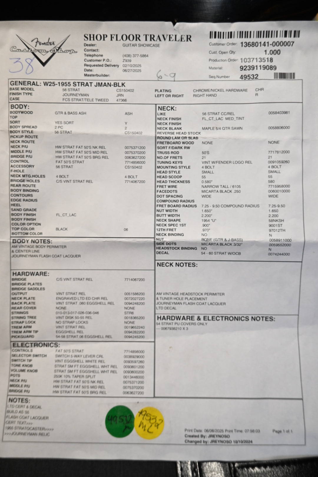 Fender Custom Shop 1955 Stratocaster Journeyman 2025 - Black Guitar #5969 - Danville Music