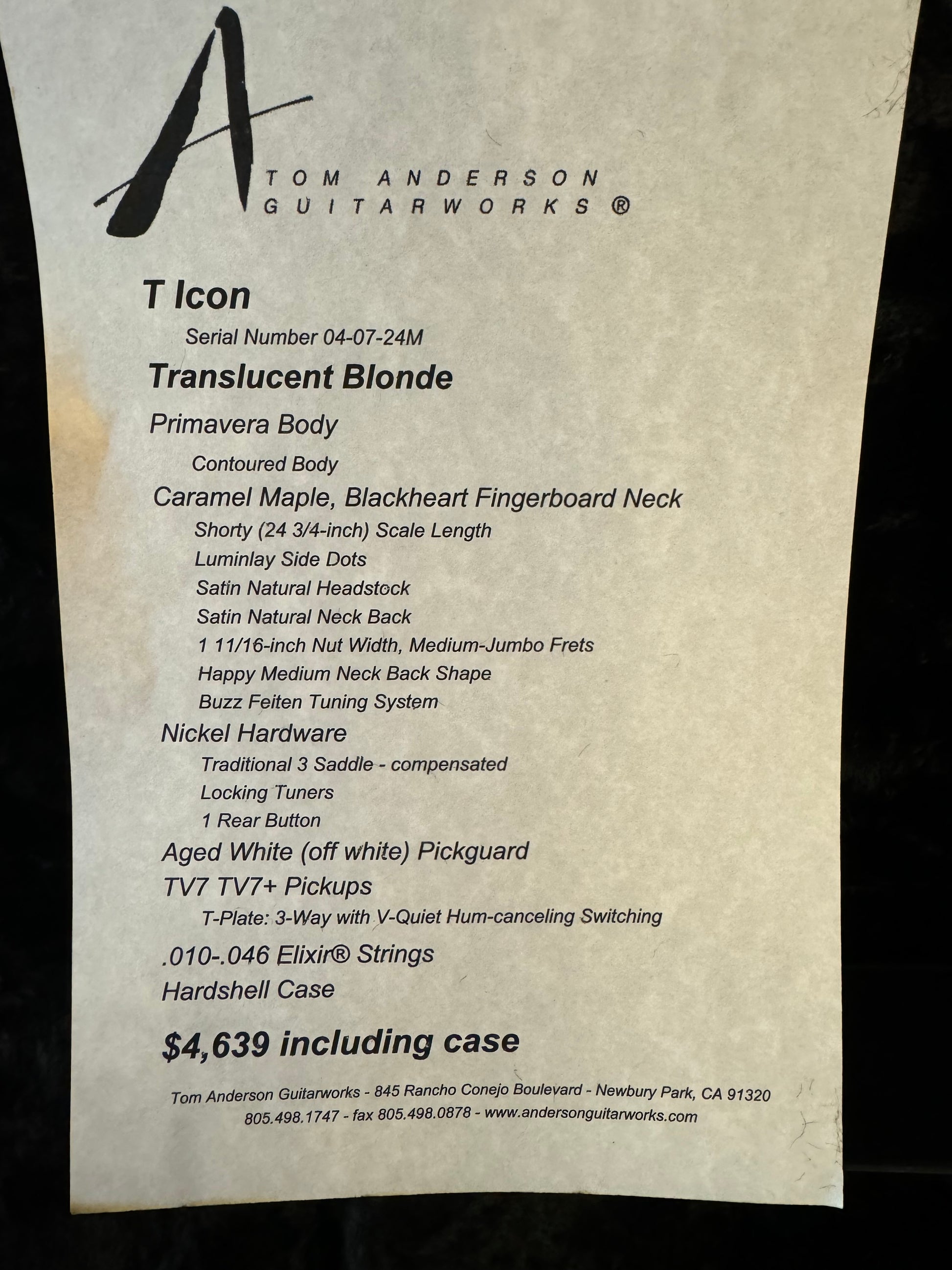 Tom Anderson T Icon Short Contoured - Translucent Blonde Guitar #724M - Danville Music