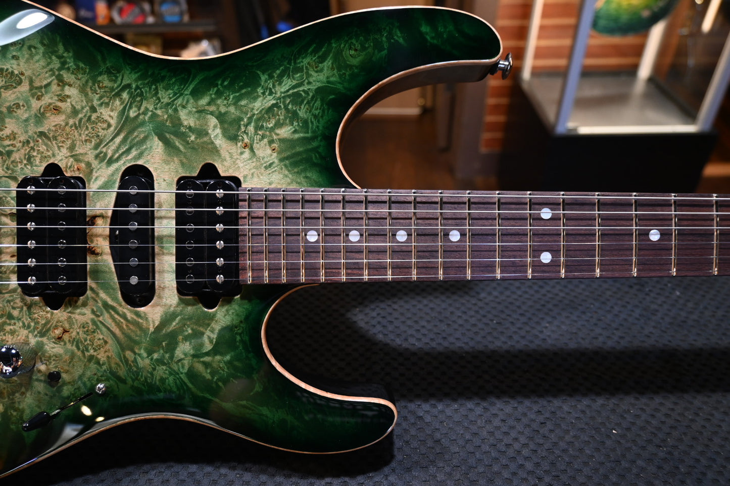 Suhr Custom Modern Waterfall Burl - Faded Trans Green Burst Guitar #3350