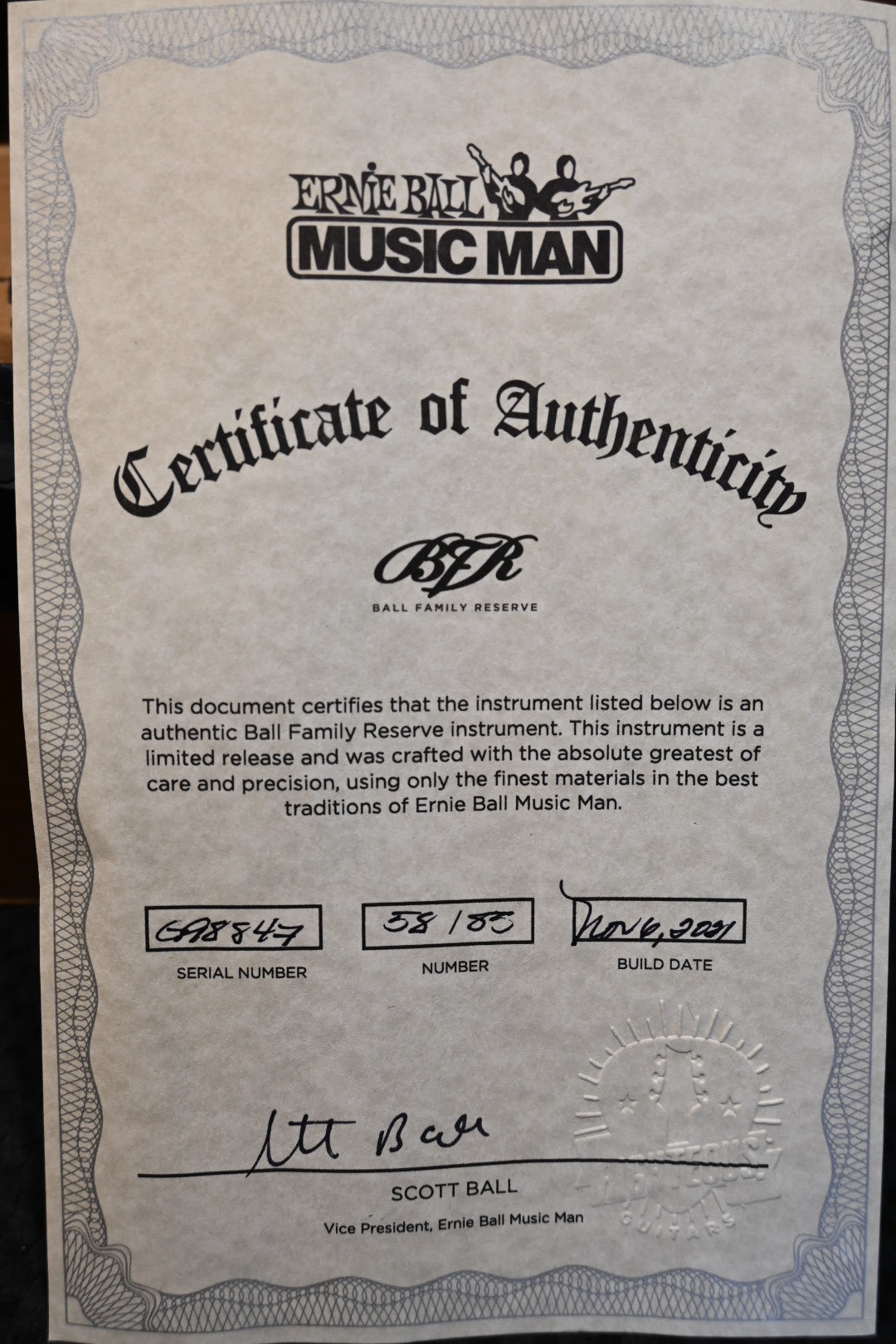 Music Man BFR Luke III 2021 - Grapes of Wrath Guitar #8847 PRE-OWNED - Danville Music