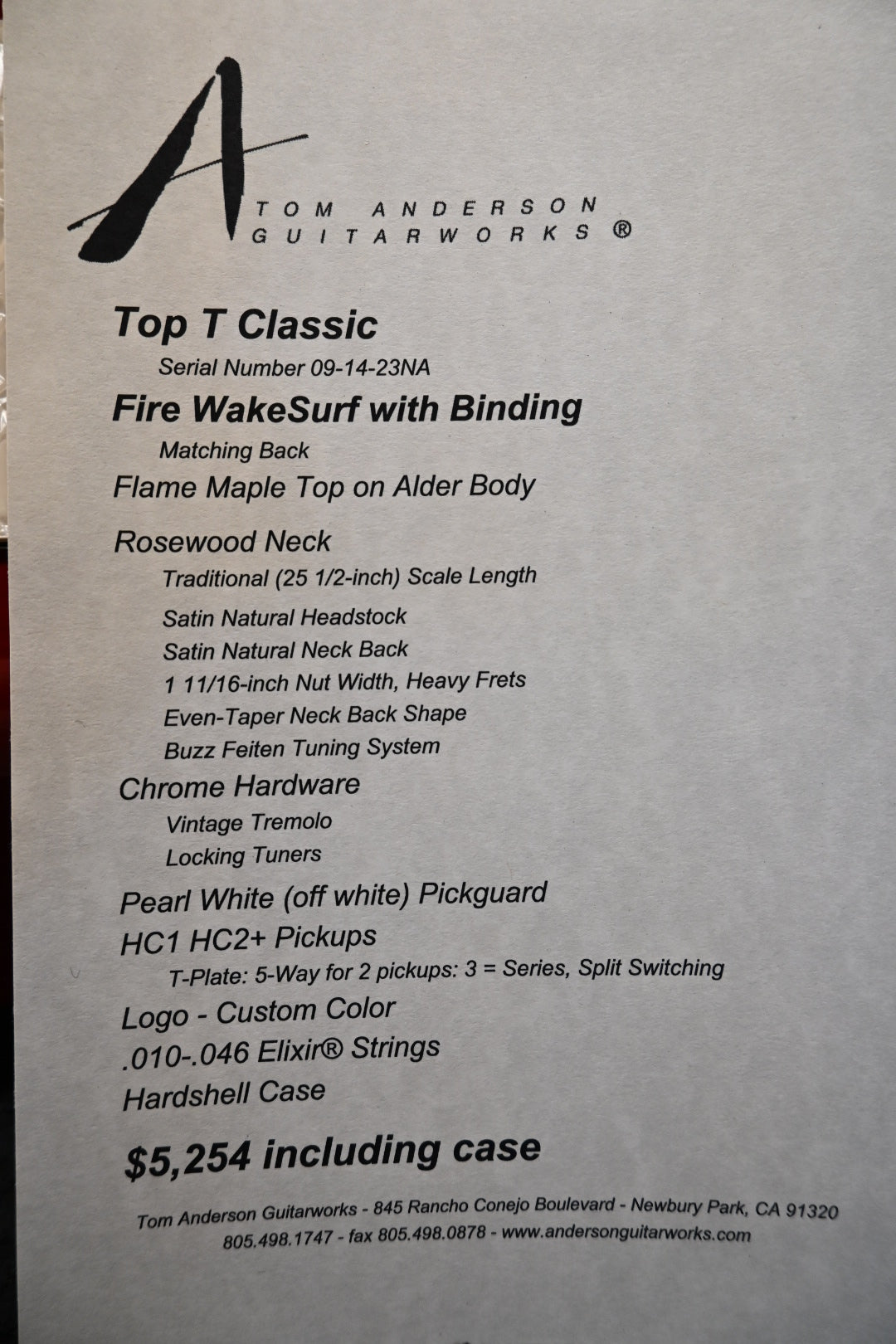 Tom Anderson Top T Classic - Fire WakeSurf Guitar #23NA - Danville Music