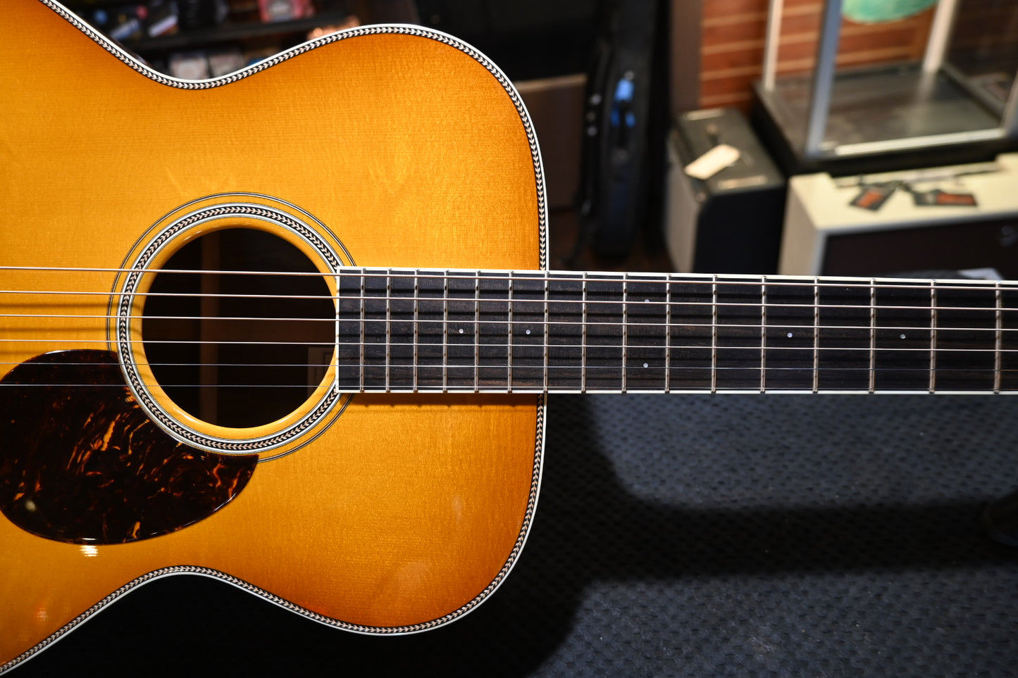 Santa Cruz OM Moon Spruce Bear Claw/Figured Walnut - Georgia Peach Guitar #6242 USED - Danville Music