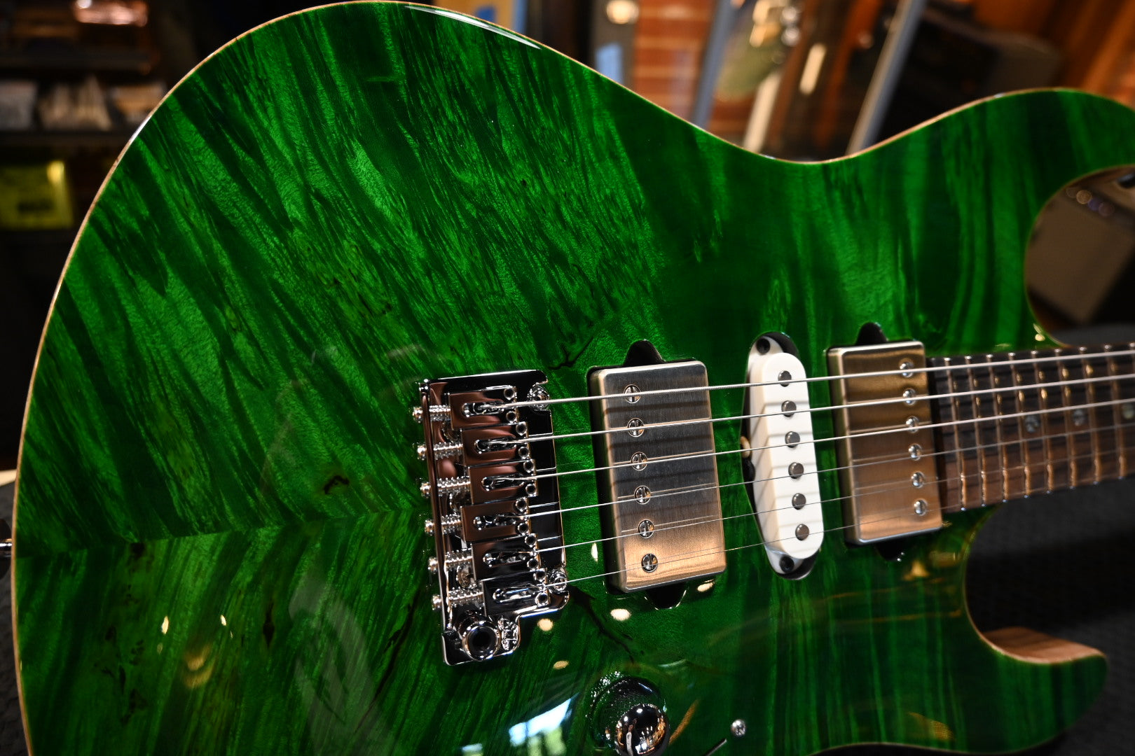 Suhr Custom Modern Carved Top Set Neck Waterfall Burl - Trans Green Guitar #5121 - Danville Music