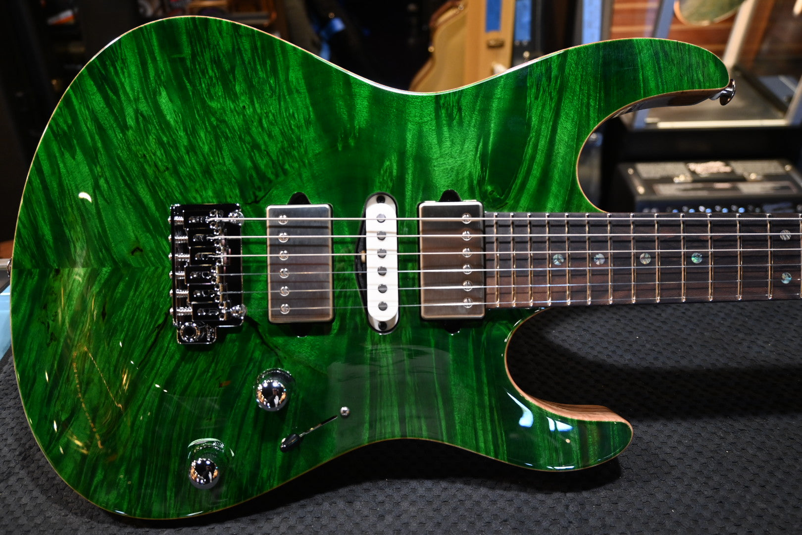 Suhr Custom Modern Carved Top Set Neck Waterfall Burl - Trans Green Guitar #5121 - Danville Music
