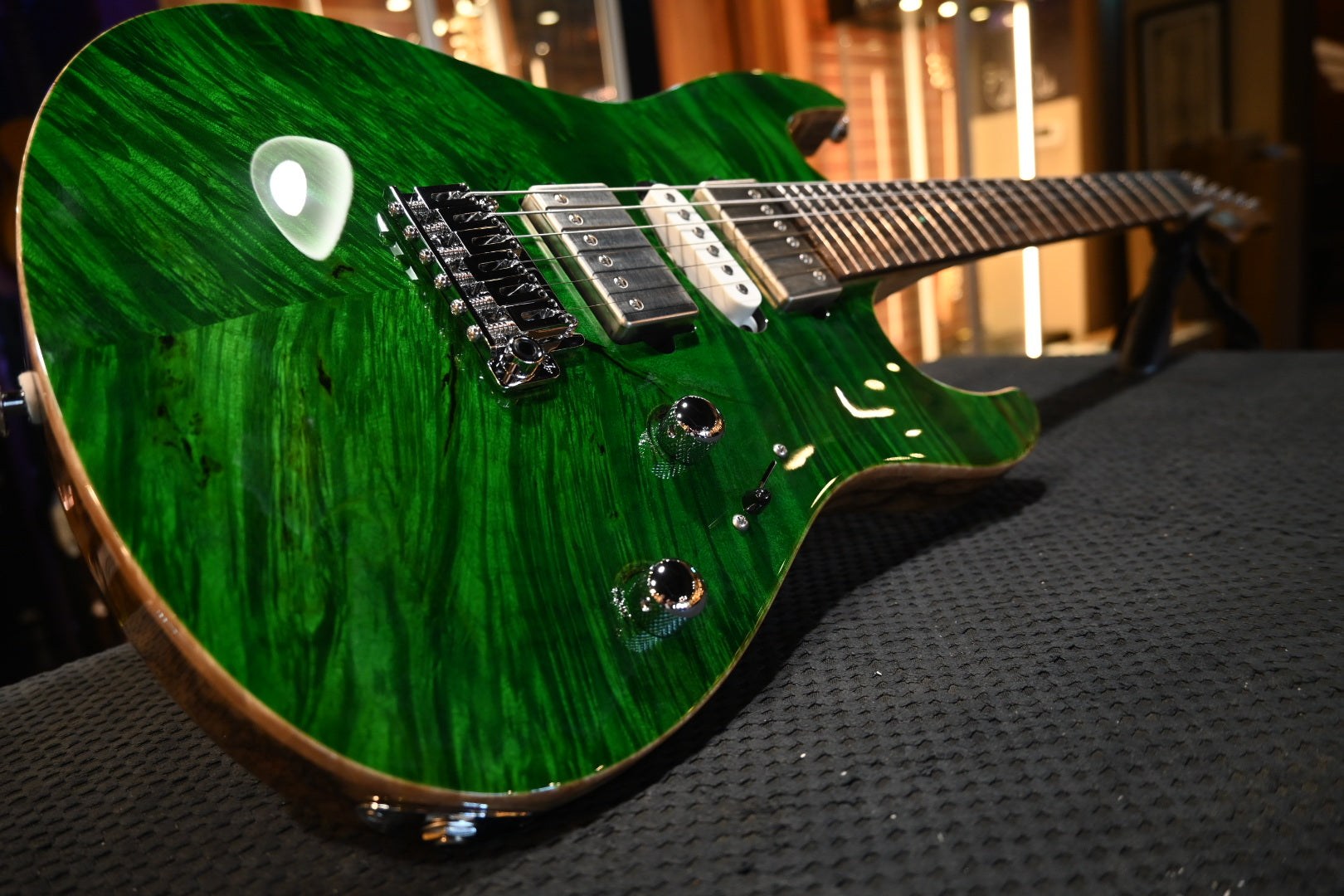 Suhr Custom Modern Carved Top Set Neck Waterfall Burl - Trans Green Guitar #5121 - Danville Music